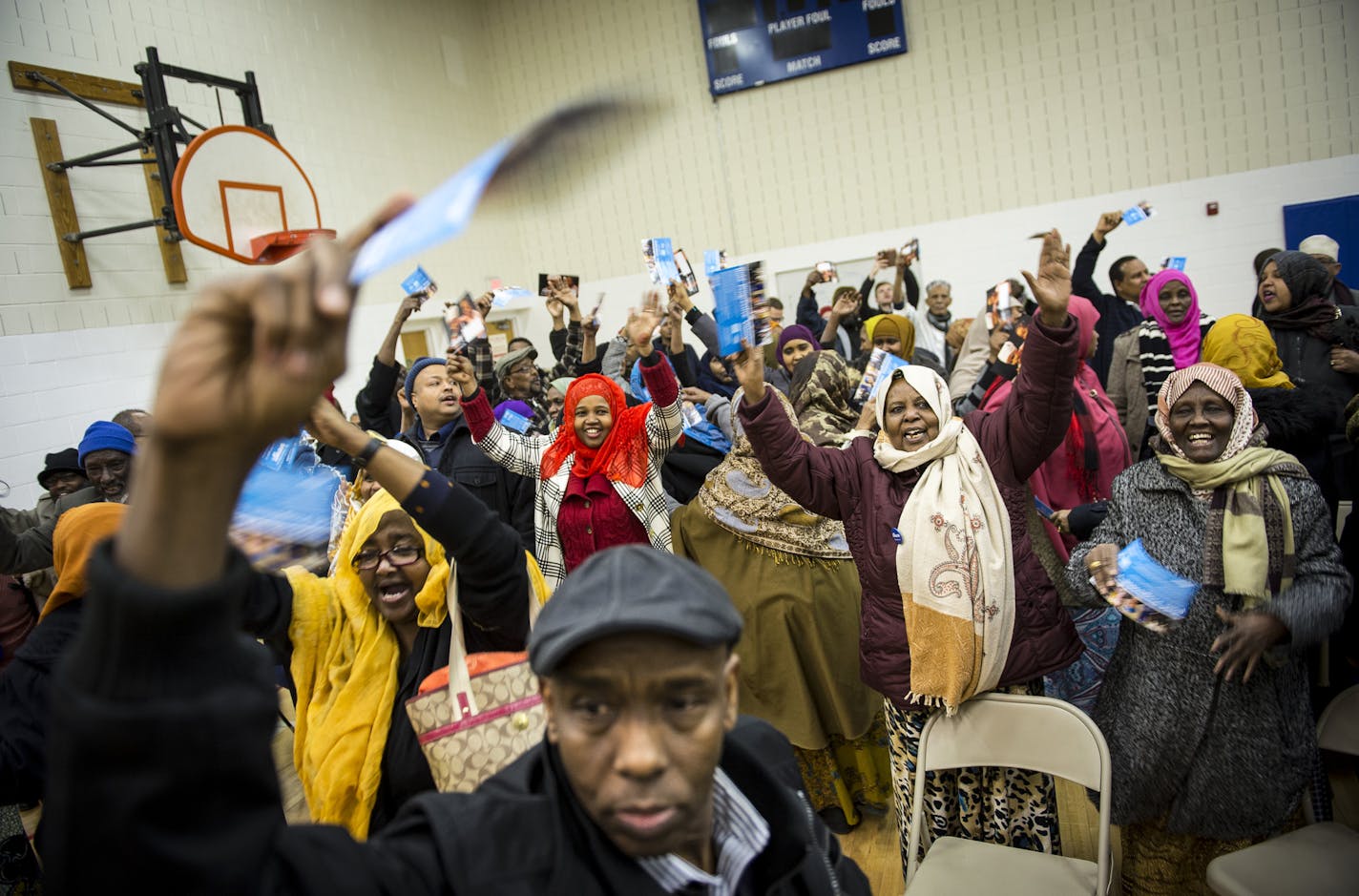 Caucusgoers expressed their support for Ilhan Omar, a candidate for state representative, during Tuesday night&#x2019;s DFL caucus at the Brian Coyle Center in Minneapolis.