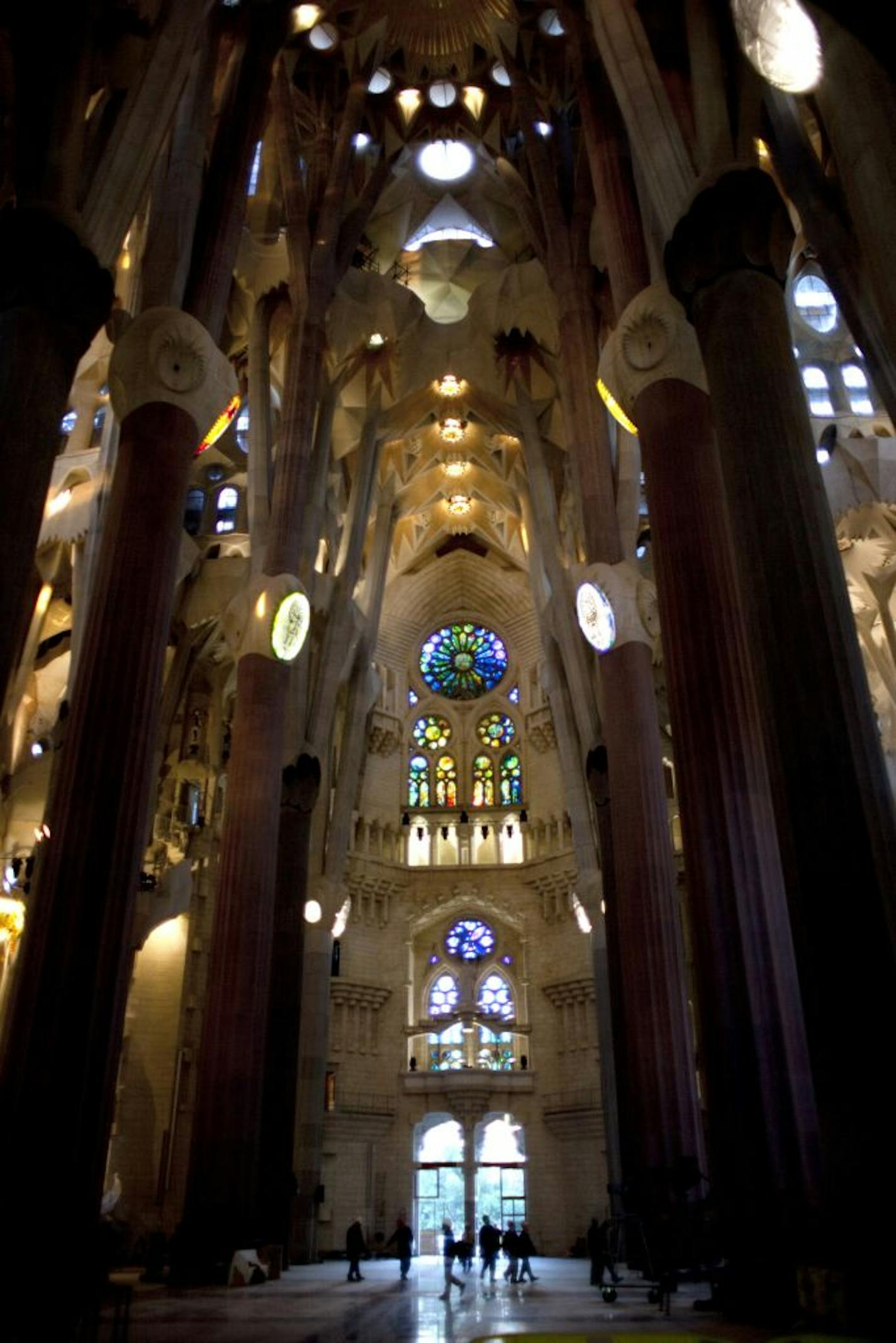 Partial view inside the Sagrada Familia church in Barcelona Spain. The church was designed by architect Antoni Gaudi, who died in 1926.