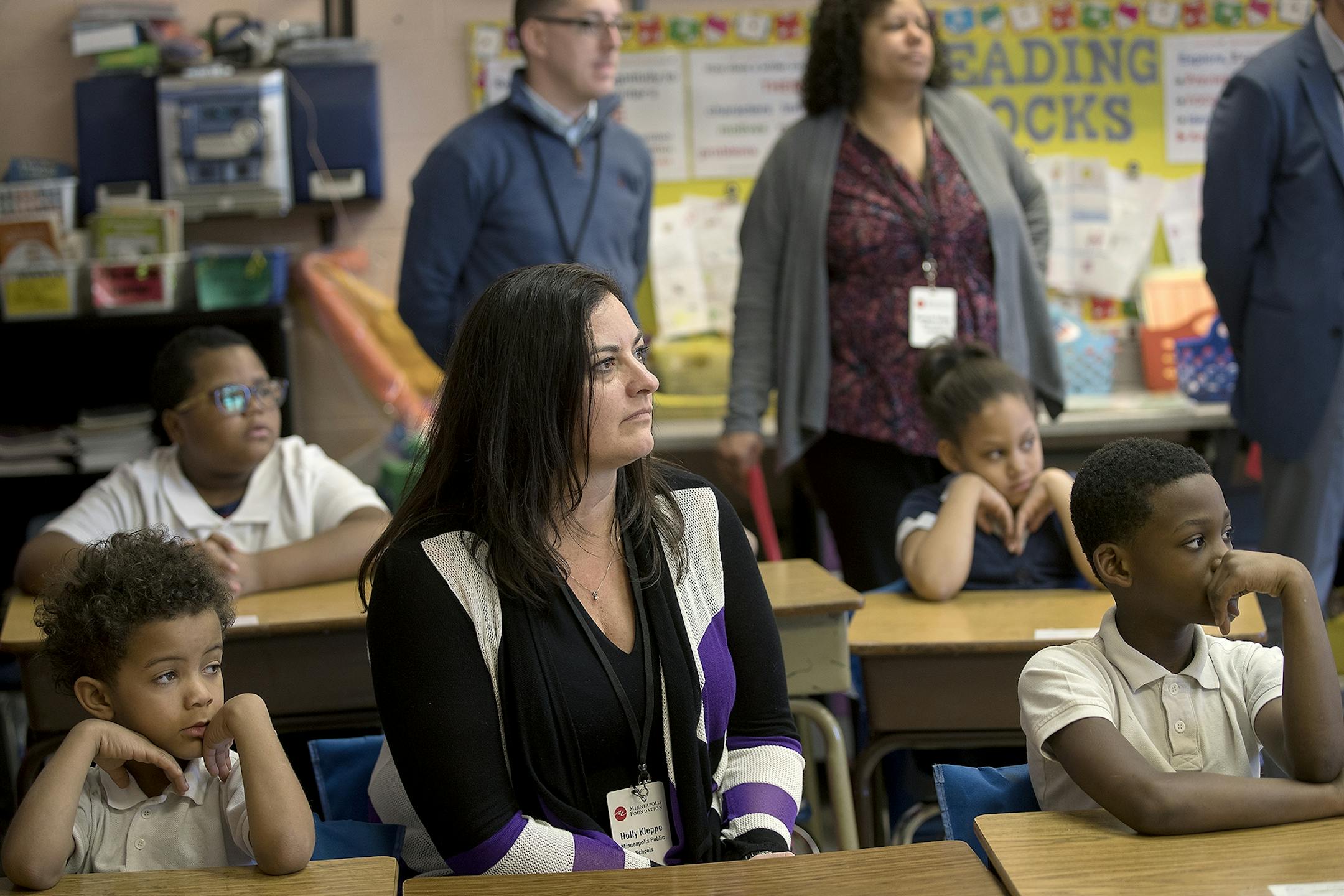 Holly Kleppe, the principal at Jefferson Community School in Minneapolis, sat with second-graders to take in the SEL instruction at Marcus Garvey Elementary School, Tuesday, March 21, 2017 in Chicago, IL. The Minneapolis school board, superintendent and district staff visited Chicago Public Schools to examine how the nation's third-largest school district is infusing social-emotional learning in its classrooms.