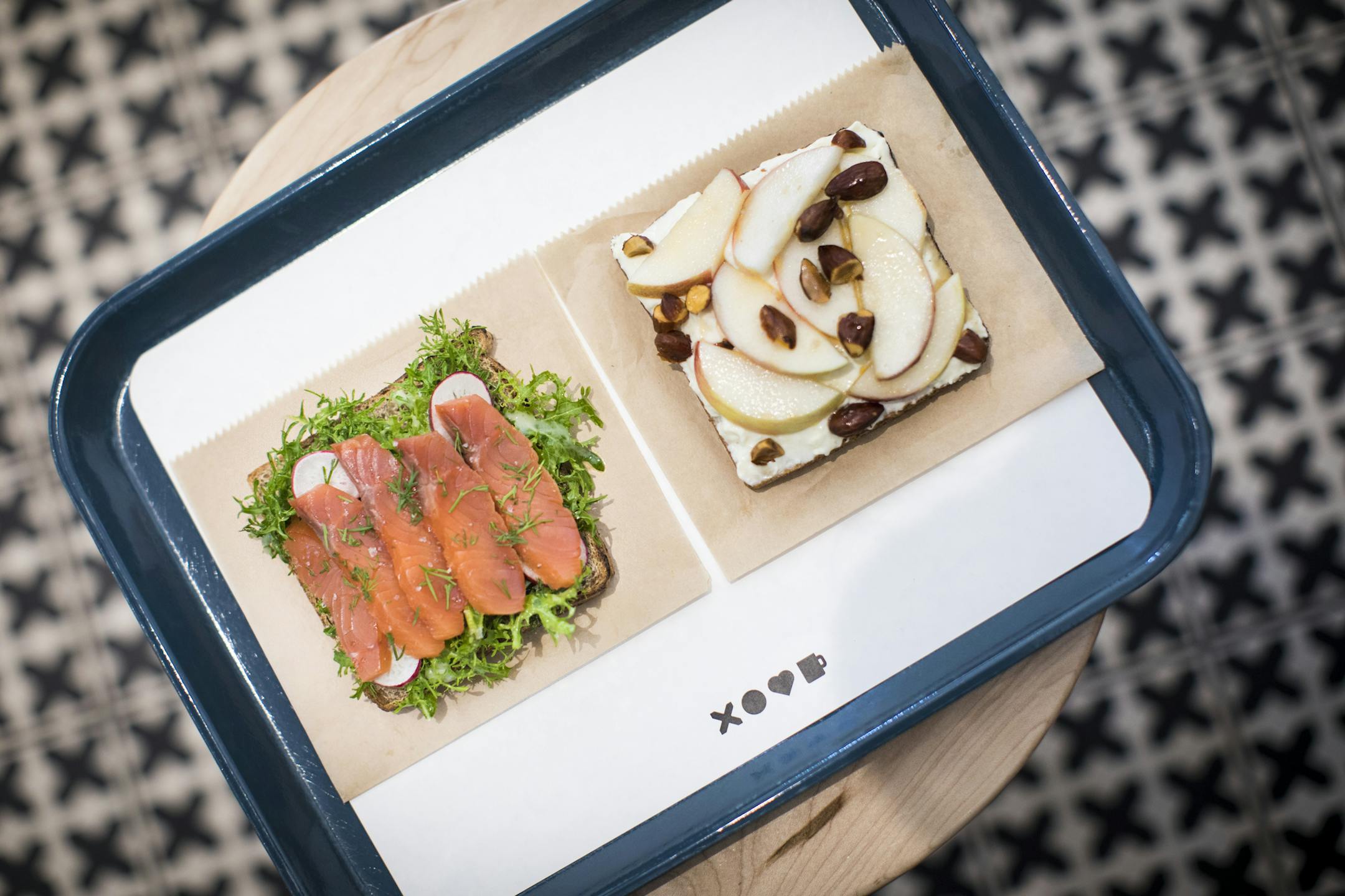 Smoked salmon sandwich with radishes and peppery mizuna, and the fresh cow’s milk sandwich with apples and almonds.