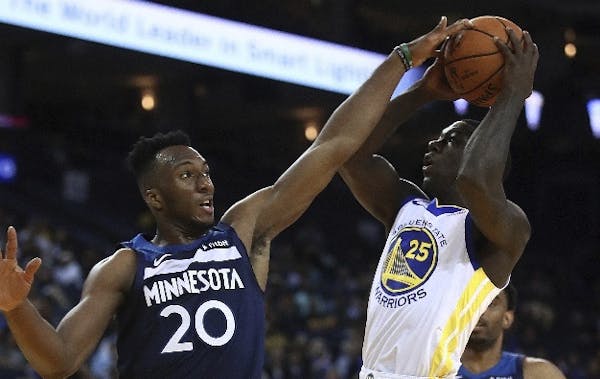 Timberwolves rookie Josh Okogie showed Golden State's Kendrick Nunn some energy on the defensive end Saturday night in Oakland, Calif.