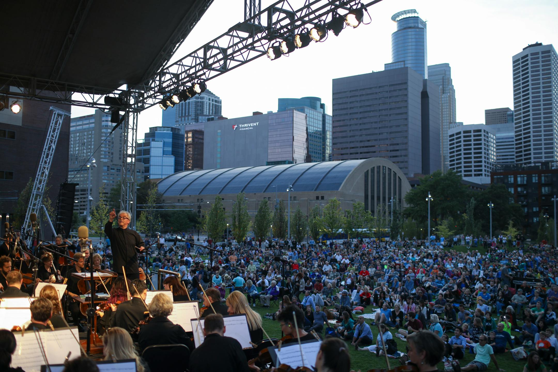 The Minneapolis skyline provided a backdrop as Vänskä led the Minnesota Orchestra in his own arrangement of a traditional Finnish polka, "Säkkijärven," to close out a free concert at The Commons on Sept. 19, 2017.