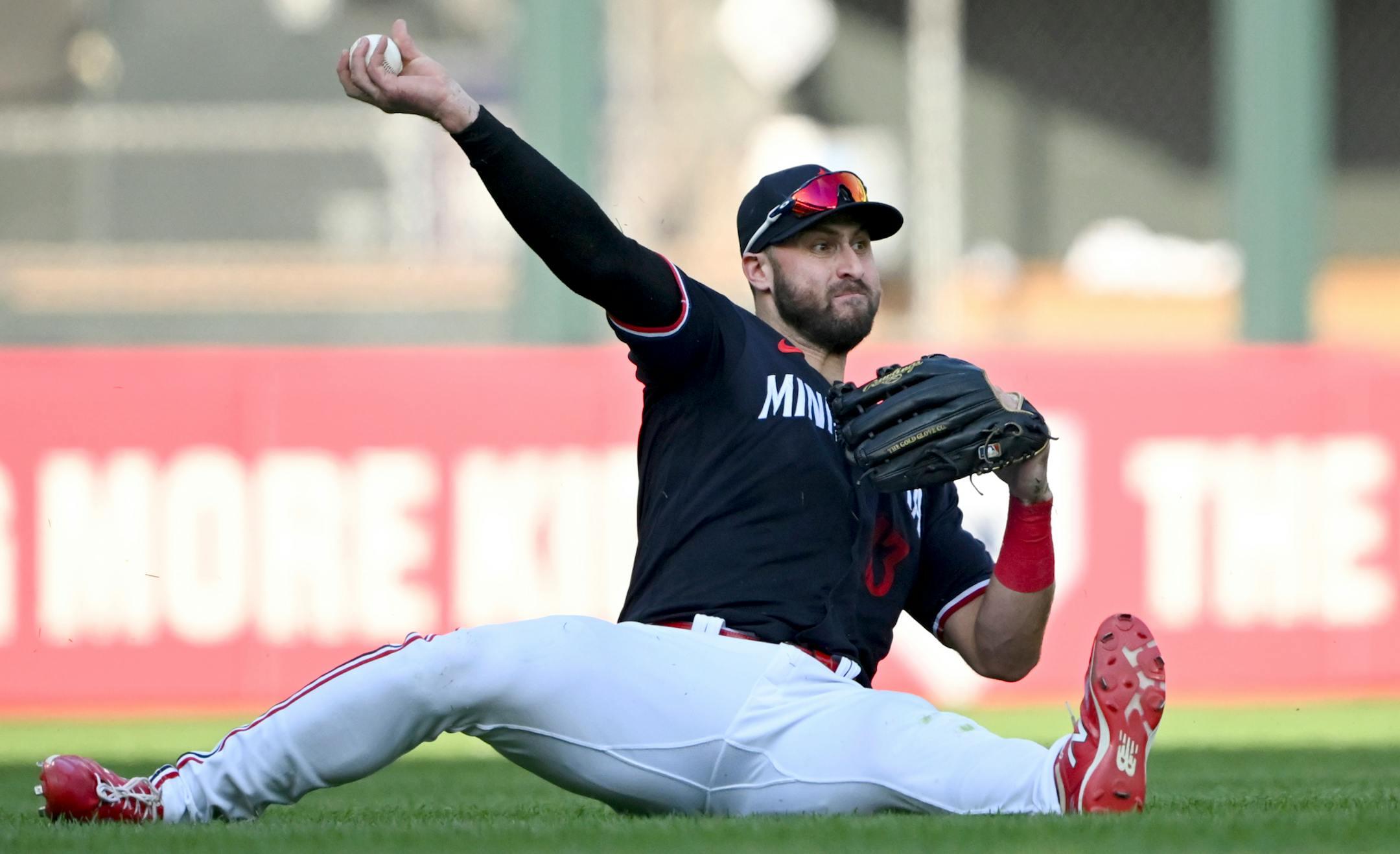 Minnesota Twins left fielder Joey Gallo (13) throws the ball to the infield after missing a fly ball hit by Boston Red Sox designated hitter Justin Turner (2) in the top of the first inning Tuesday, June 20, 2023, at Target Field in Minneapolis, Minn.