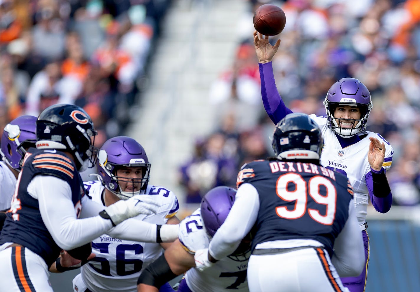 Minnesota Vikings quarterback Kirk Cousins (8) attempts a pass in the second quarter Sunday, October 15, 2023, at Soldier Field in Chicago, Ill. ] CARLOS GONZALEZ • carlos.gonzalez@startribune.com