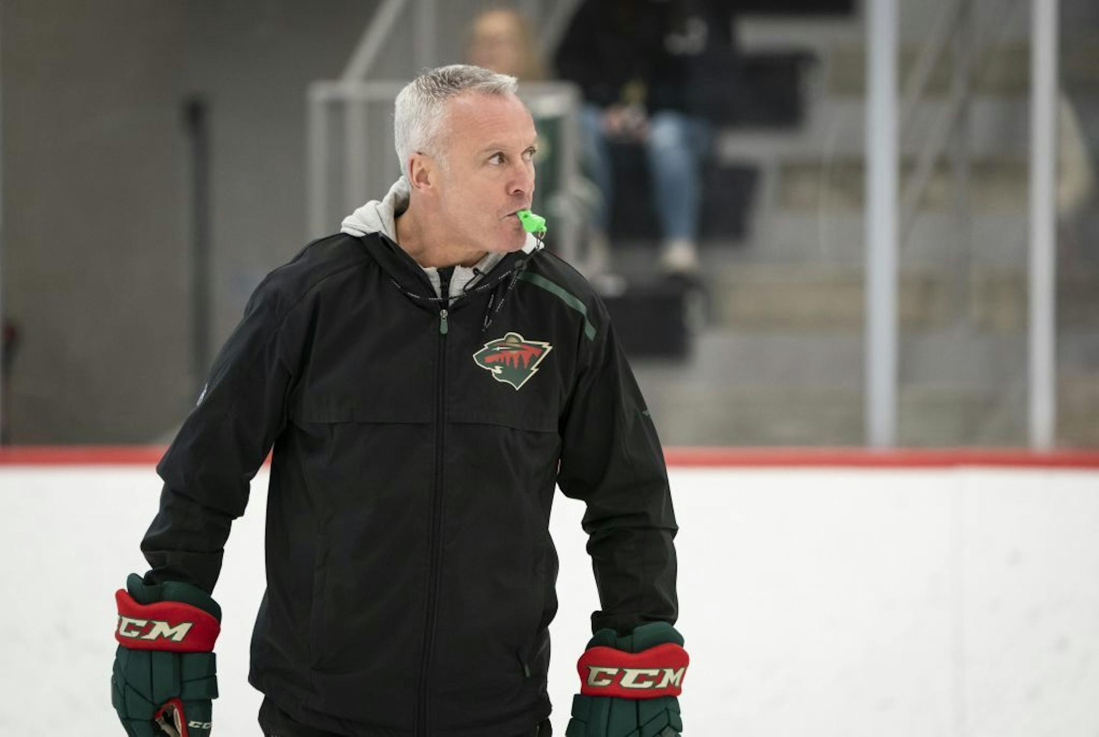 The Wild's interim coach, Dean Evason, lead practice at Tria Rink on Friday.