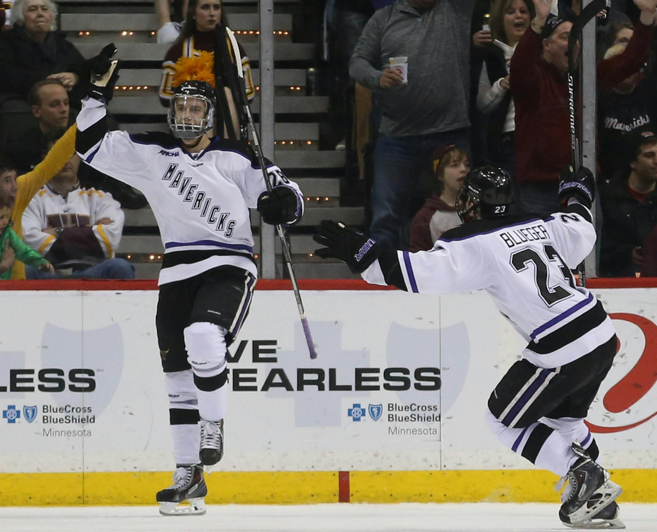 Minnesota State's Jon Jutzi celebrated after scoring against Gopher goalie Adam Wilcox during the second period. ] (KYNDELL HARKNESS/STAR TRIBUNE) kyndell.harkness@startribune.com Gophers vs Minnesota State at the Xcel Energy Center in St. Paul Min., Friday, January 23, 2015.