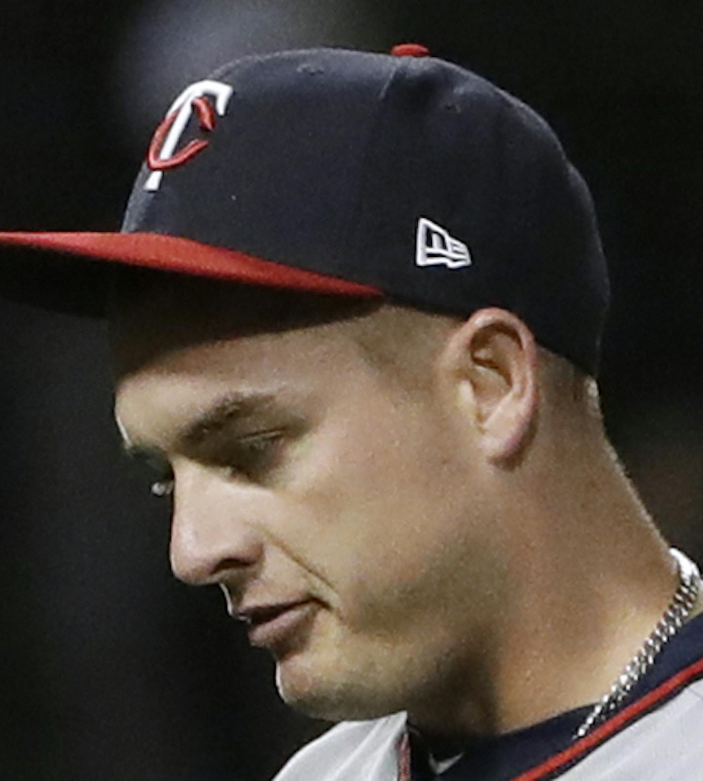 Minnesota Twins relief pitcher Addison Reed reacts after Chicago White Sox's Trayce Thompson hit a game-winning solo home run during the ninth inning of a baseball game Thursday, May 3, 2018, in Chicago. The White Sox won 6-5. (AP Photo/Nam Y. Huh)