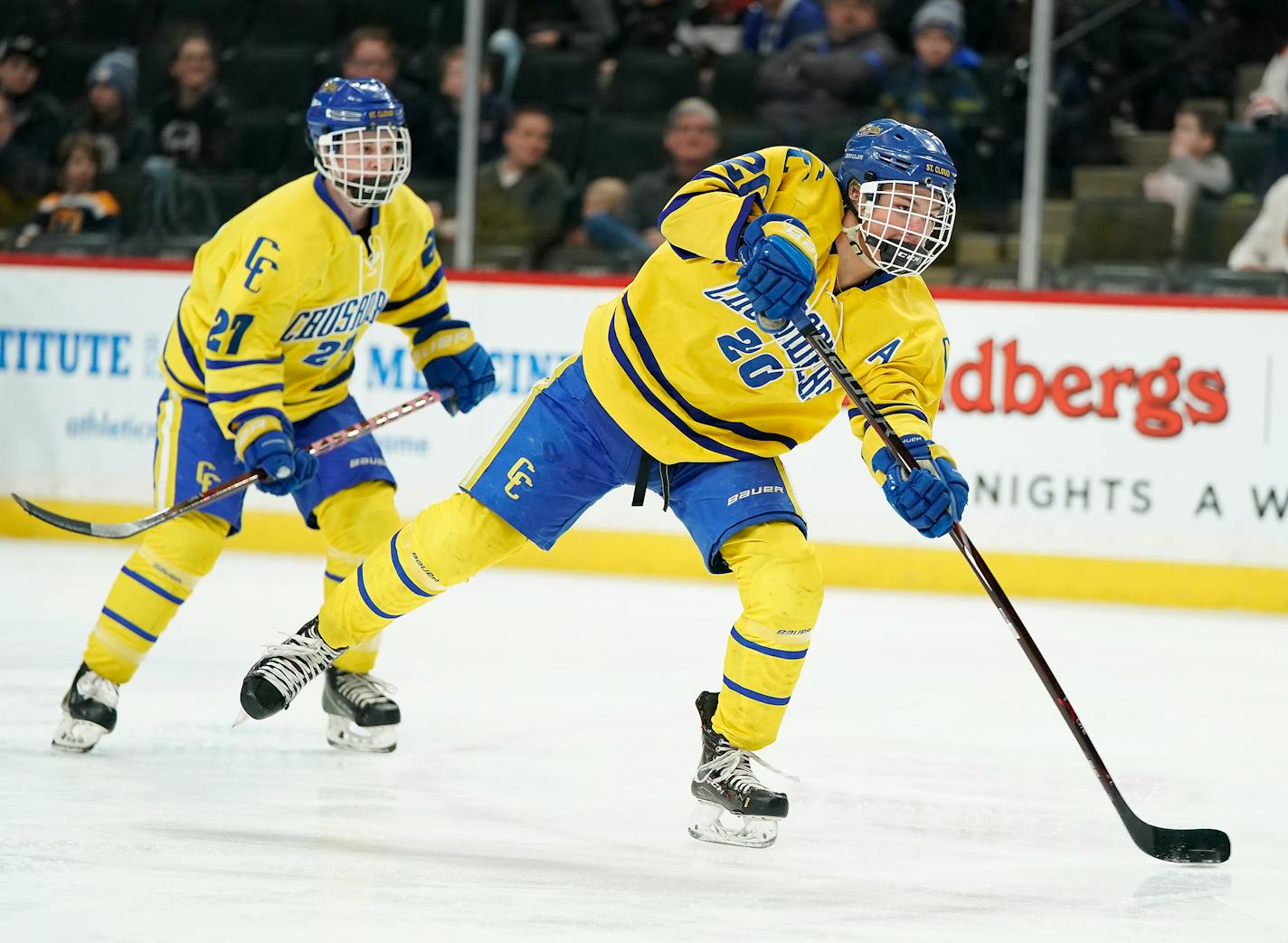 St. Cloud Cathedral forward Jack Smith (20) shoots and scores a goal during the first period. ] LEILA NAVIDI ¥ leila.navidi@startribune.com BACKGROUND INFORMATION: St. Cloud Cathedral plays against East Grand Forks in a Class 1A boys' hockey semifinal game at the Xcel Energy Center in St. Paul on Friday, March 8, 2019.