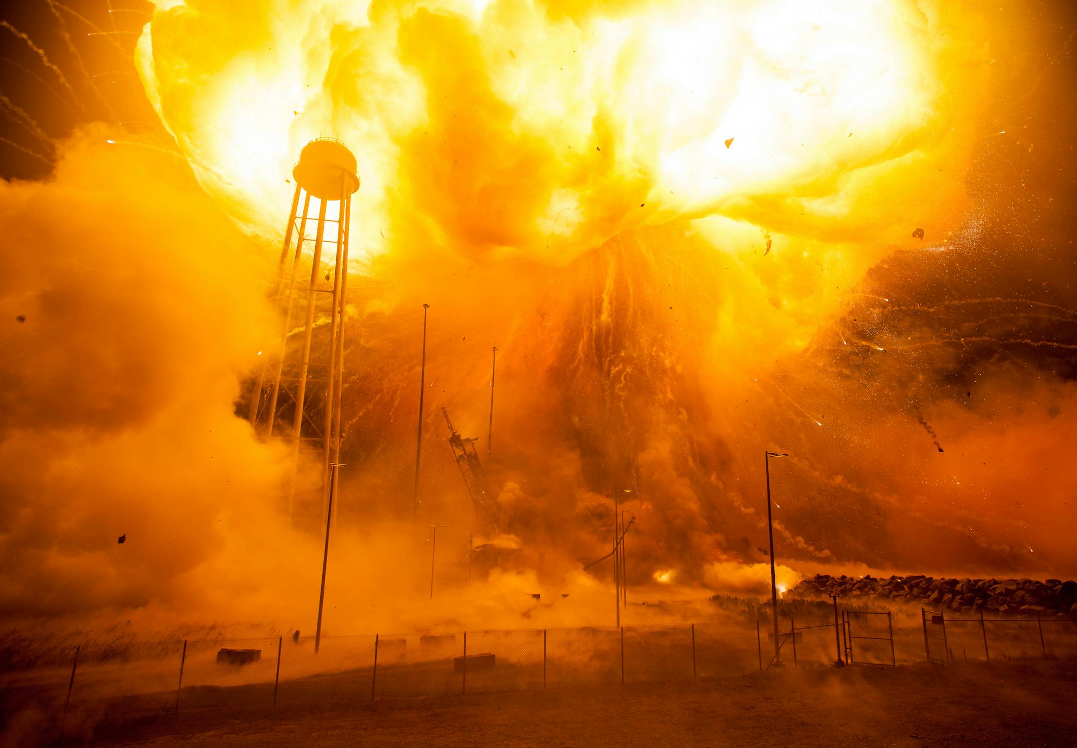 This Tuesday Oct 28, 2014 photo provided by NASA shows the Orbital Antares rocket, after it suffered a catastrophic anomaly moments after launch at NASA&#x2019;s Wallops Flight Facility in Virginia. The Cygnus spacecraft was filled with supplies slated for the International Space Station, including science experiments, experiment hardware, spare parts, and crew provisions. (Joel Kowsky/NASA via AP)