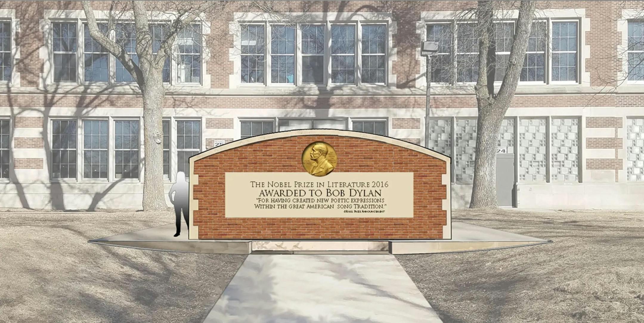 A community group in Hibbing, Minn., hopes to erect this monument to Bob Dylan on the campus of Hibbing High School.