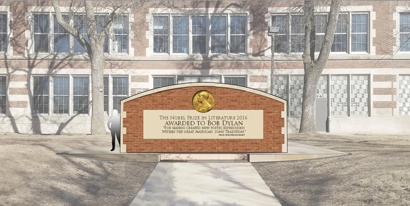 A community group in Hibbing, Minn., hopes to erect this monument to Bob Dylan on the campus of Hibbing High School.