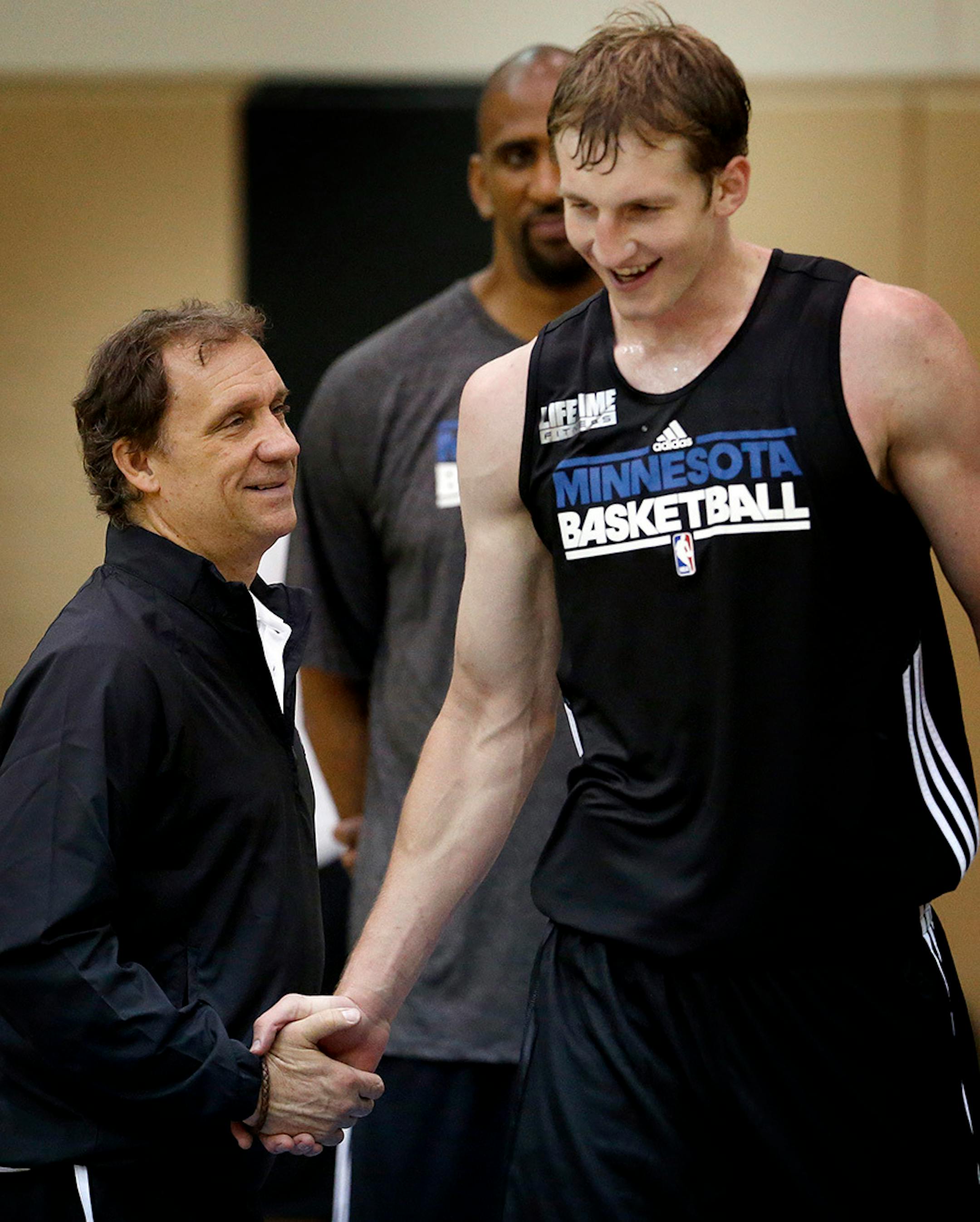Cody Zeller (22) shook hands with President of Basketball Operations for the Minnesota Timberwolves Flip Saunders after working out with the Timberwolves on Wednesday. June 12, 2013, Minneapolis, Minn., Target Center, NBA Minnesota Timberwolves.