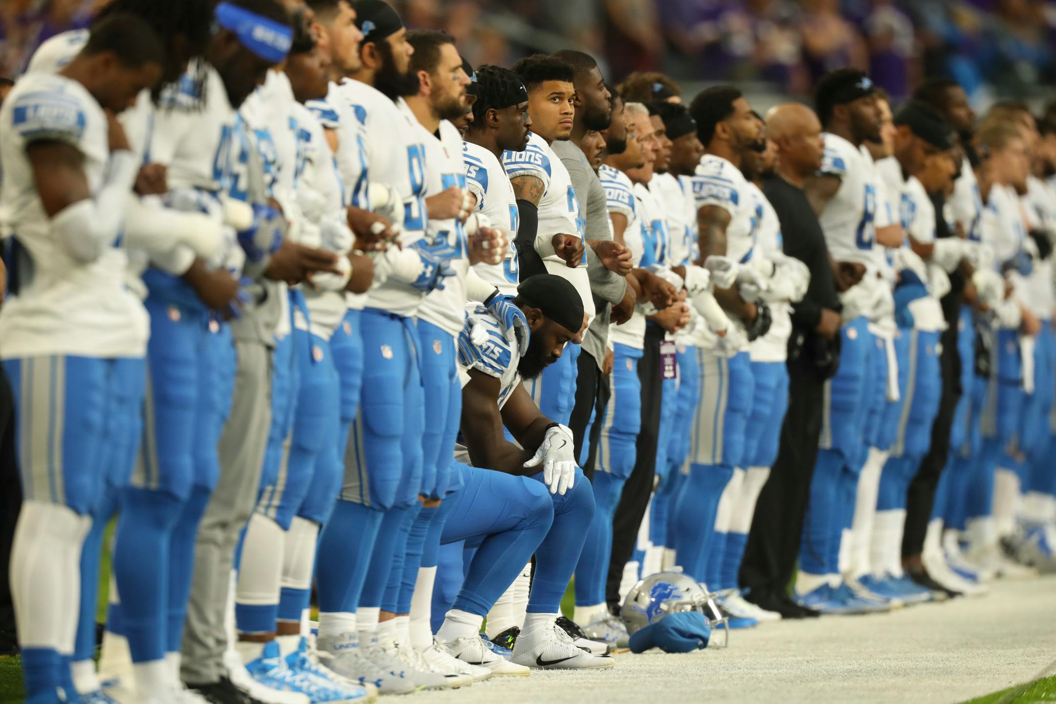 Detroit Lions outside linebacker Steve Longa (54) was one of two players who knelt during the playing of the national anthem before the Vikings played the Lions. ] JEFF WHEELER � jeff.wheeler@startribune.com The Minnesota Vikings faced the Detroit Lions in an NFL football game Sunday afternoon, October 1, 2017 at U.S. Bank Stadium in Minneapolis.
