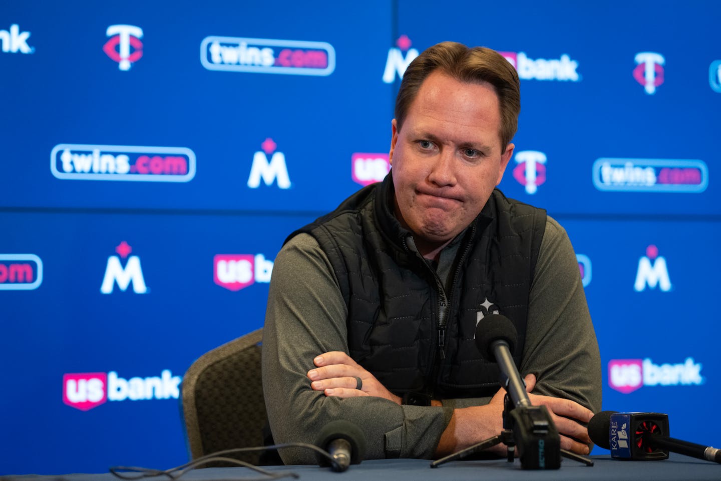 Twins President of Baseball Operations Derek Falvey meets with the media during a season-ending press conference at Target Field in Minneapolis, Minn., on Friday, Oct. 13, 2023. ] SHARI L. GROSS • shari.gross@startribune.com