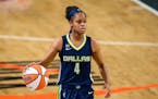 Dallas Wings guard Moriah Jefferson (4) in action during a WNBA basketball game against the Atlanta Dream, Thursday, May 27, 2021, in College Park, Ga