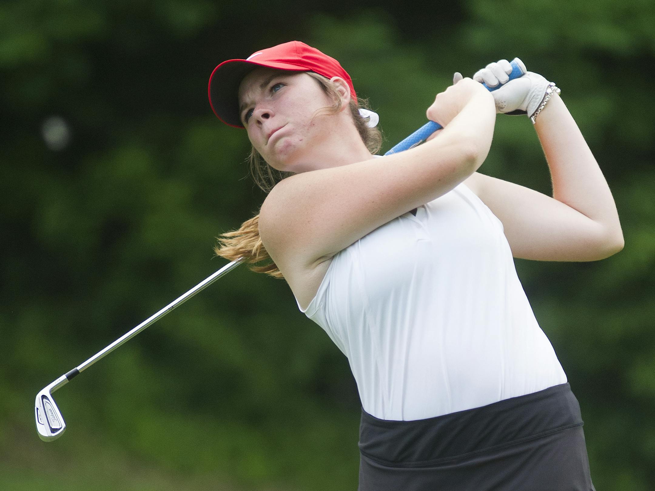 Detroit Lakes' Kate Smith powers a shot down the fairway during the Class 2A girl's State Golf Tournament at Ridges at Sandcreek in Jordan, MN. ] (Matthew Hintz, 061015, Jordan)