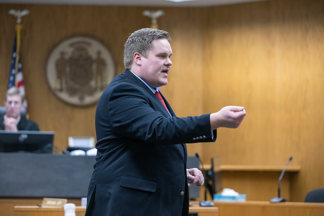 St. Croix County District Attorney Karl E. Anderson presents his closing statements to the jury during the Nicolae Miu trial at the St. Croix County Circuit Court in Hudson, Wis., on Wednesday.