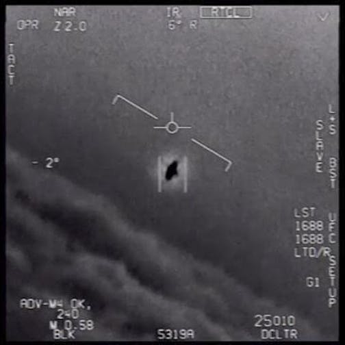 In an undated handout image taken from a video released by the Defense Department's Advanced Aerospace Threat Identification Program, a 2004 encounter near San Diego between two Navy F/A-18F fighter jets and an unknown object. UFOs have been repeatedly investigated over the decades in the United States, including by the American military. (U.S. Department of Defense via The New York Times) --EDITORIAL USE ONLY --