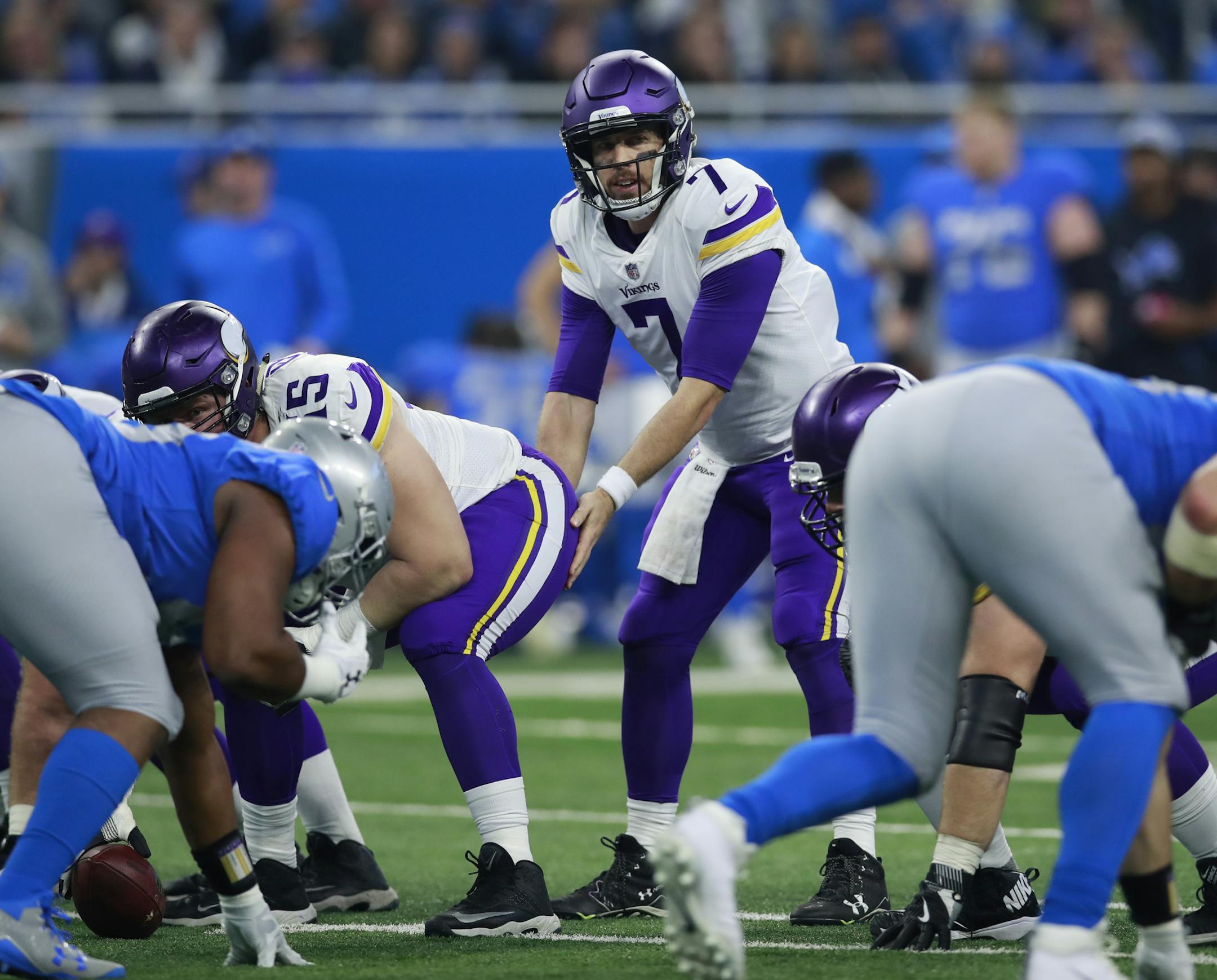 Minnesota Vikings quarterback Case Keenum (7) looks over the defense during an NFL football game against the Detroit Lions, Thursday, Nov. 23, 2017, in Detroit. The Vikings won the game 30-23. (Jeff Haynes/AP Images for Panini)
