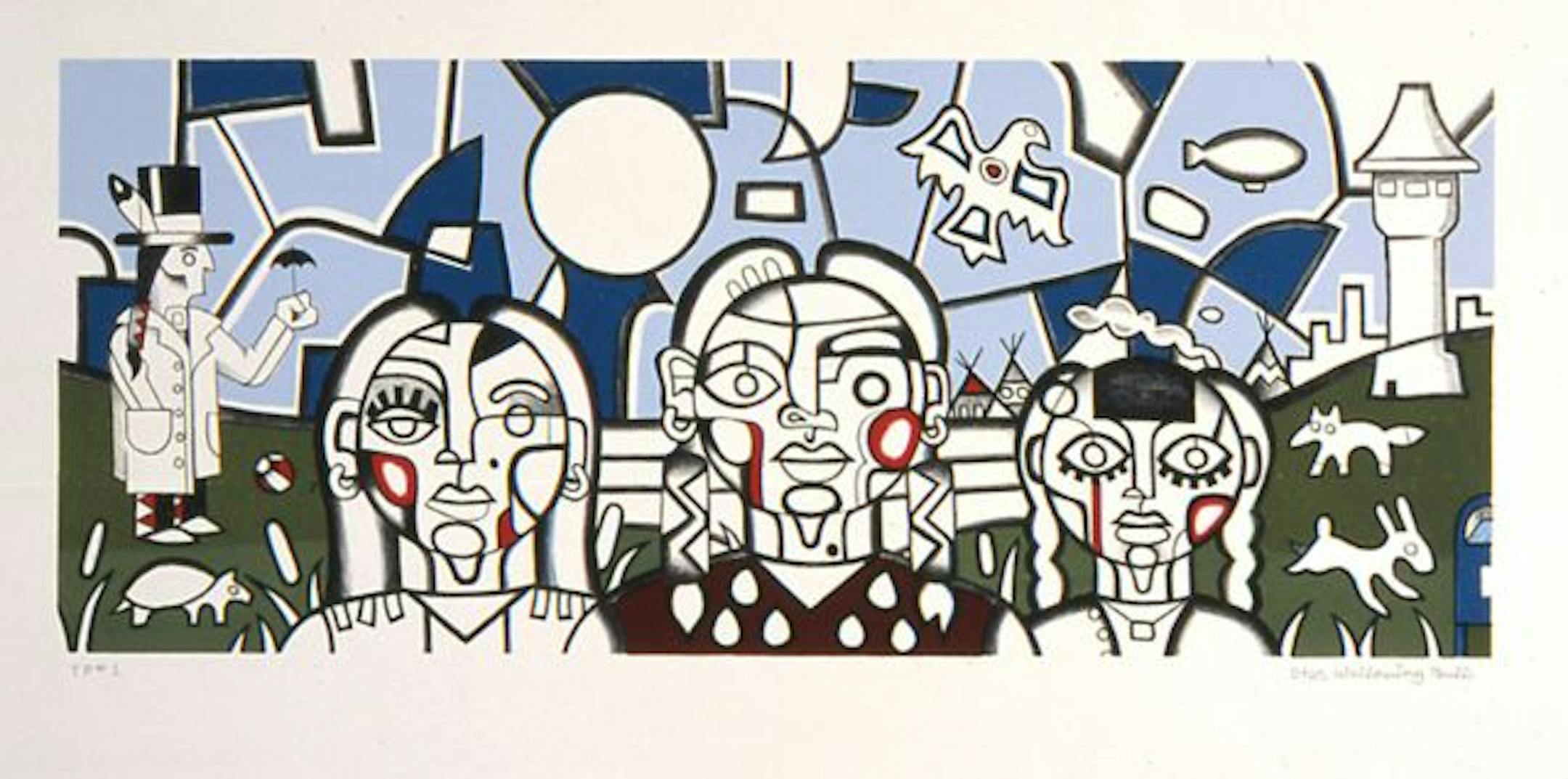 With black lines and curved forms, North Dakota artist Star Wallowing Bull gives a stylistic nod to the robotic cubism of Fernand Léger in his 2004 lithograph "My Three Sisters."