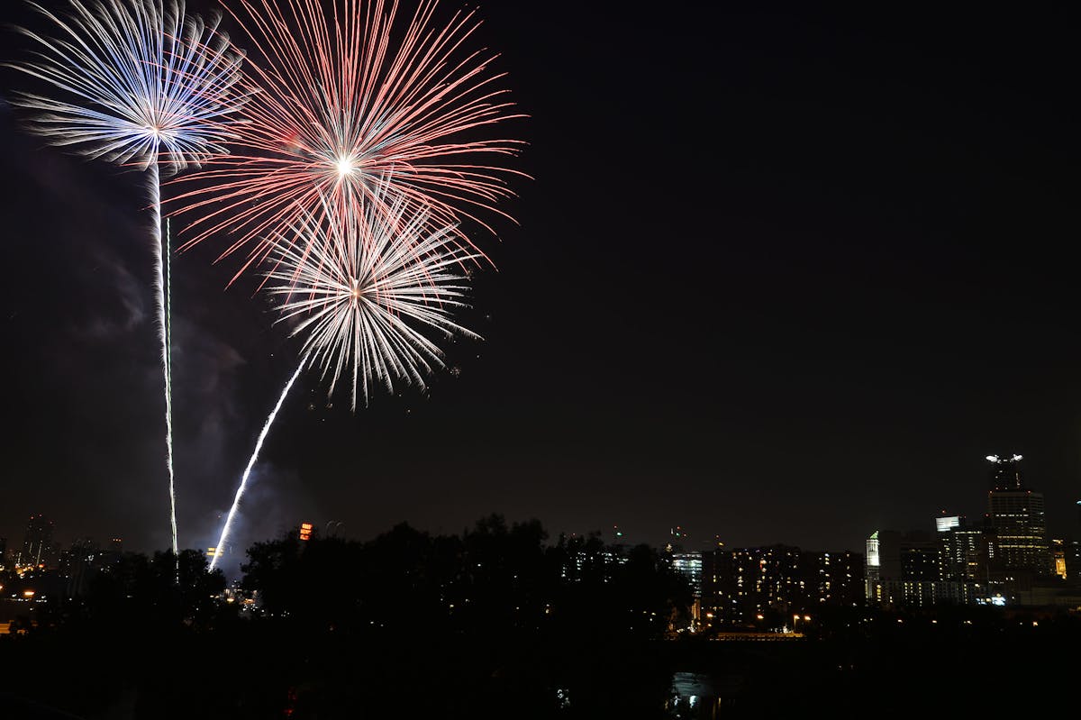 Fireworks over the Mississippi River in Minneapolis on July 4, 2015.