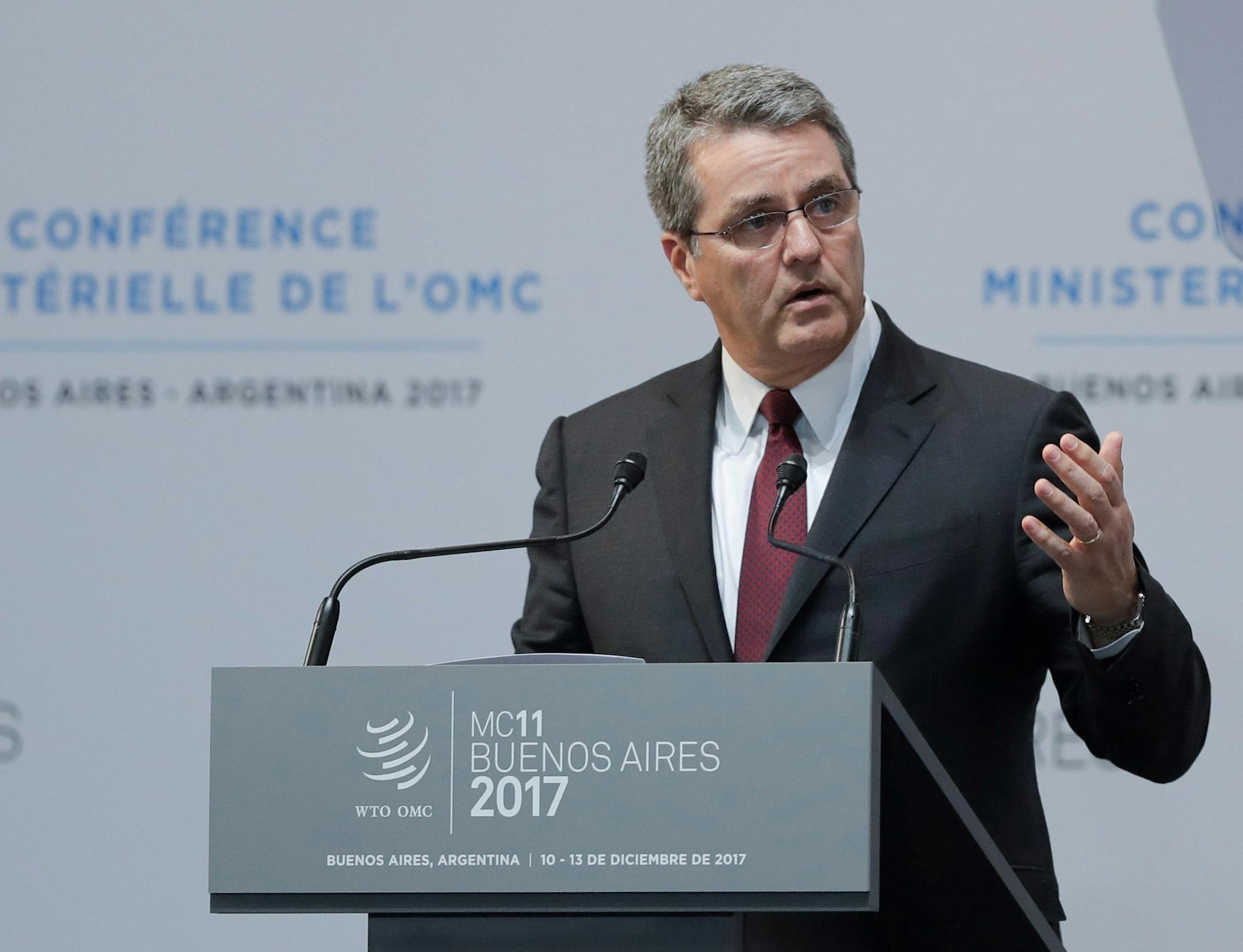 Director General of the World Trade Organization, Roberto Azevedo, speaks at the opening ceremony of the World Trade Organization Ministerial Conference in Buenos Aires, Argentina, Sunday, Dec. 10, 2017. (AP Photo/Natacha Pisarenko) ORG XMIT: XNP118