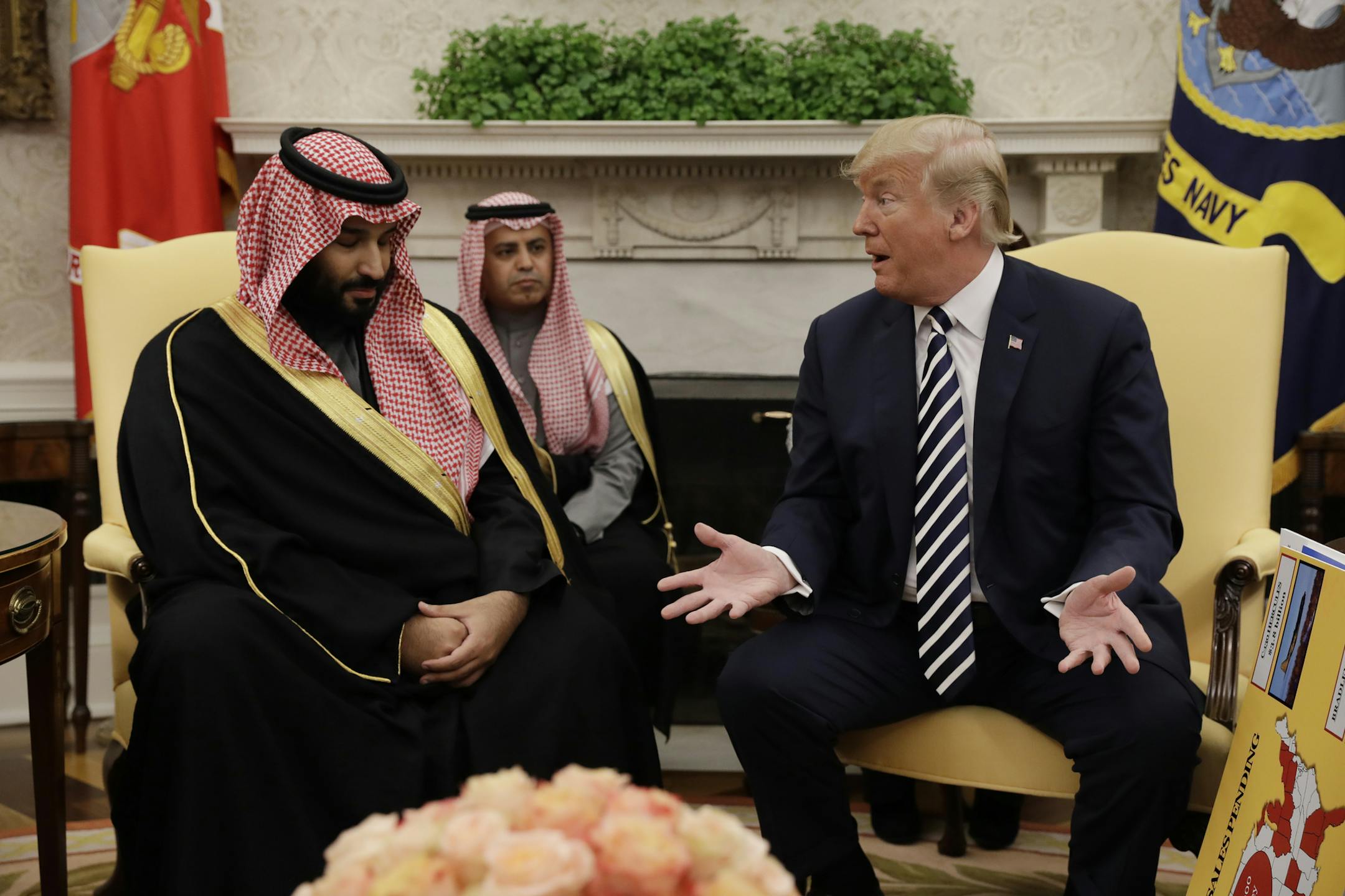 President Donald Trump meets with Saudi Crown Prince Mohammed bin Salman in the Oval Office of the White House, Tuesday, March 20, 2018, in Washington. (AP Photo/Evan Vucci) ORG XMIT: DCEV101