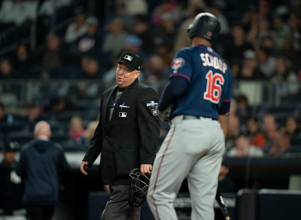 Home plate umpire Todd Tichernor made a remark to Twins second baseman Jonathan Schoop on Saturday.