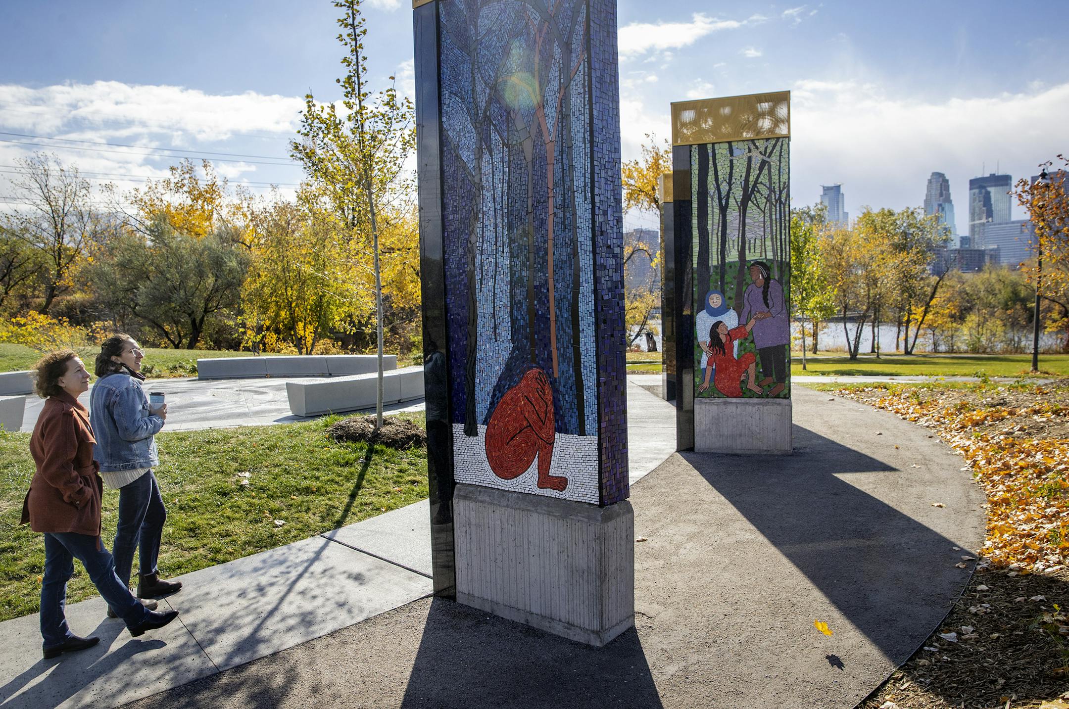 Gina Patierno, left, and her daughter Elissa Raduazzo, cq, took a walk through the nation's first memorial to survivors of sexual violence located at Boom Island Park, Friday, October 16, 2020 in Minneapolis, MN. ] ELIZABETH FLORES • liz.flores@startribune.com