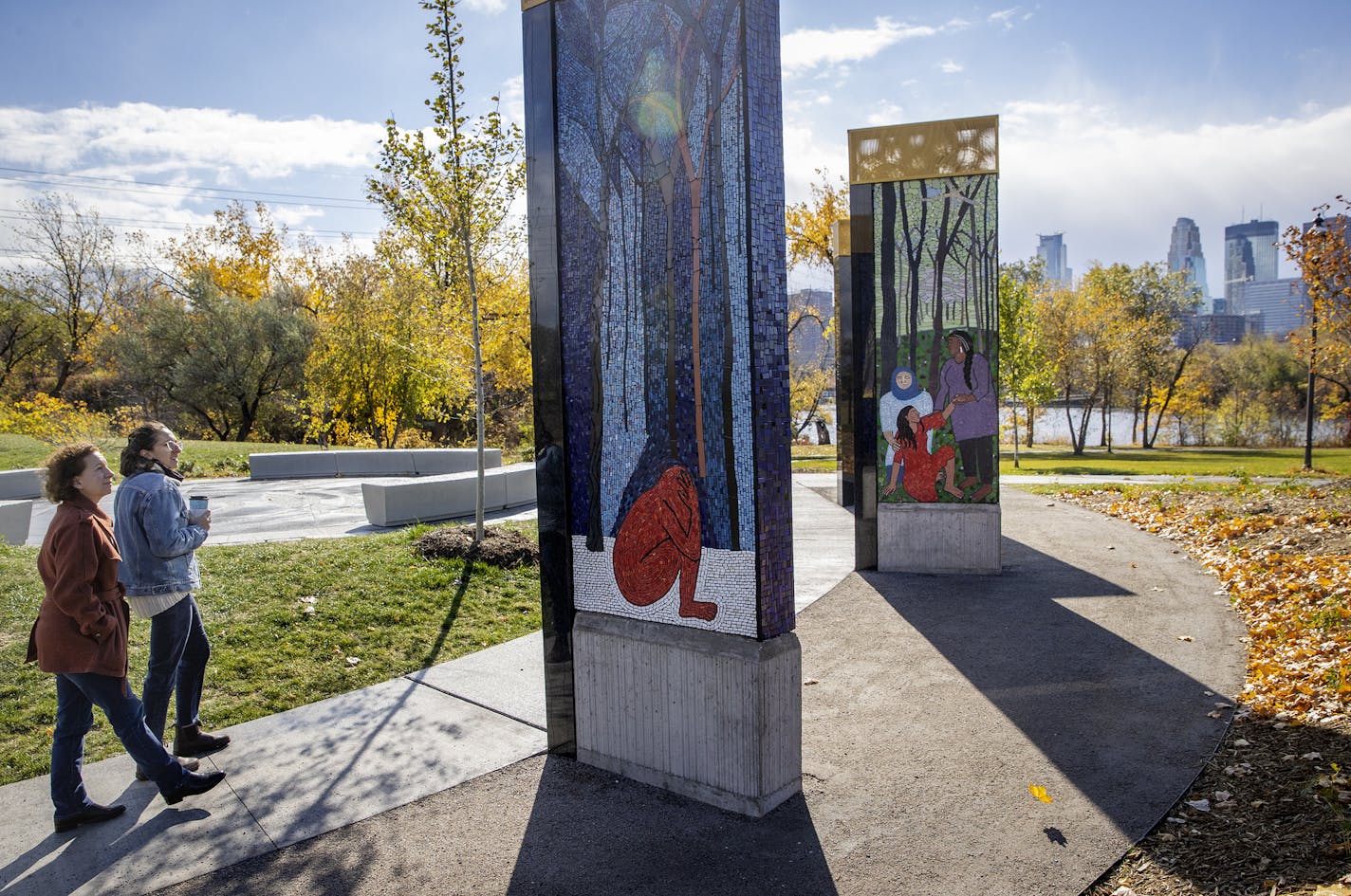 Gina Patierno, left, and her daughter Elissa Raduazzo, cq, took a walk through the nation's first memorial to survivors of sexual violence located at Boom Island Park, Friday, October 16, 2020 in Minneapolis, MN. ] ELIZABETH FLORES • liz.flores@startribune.com