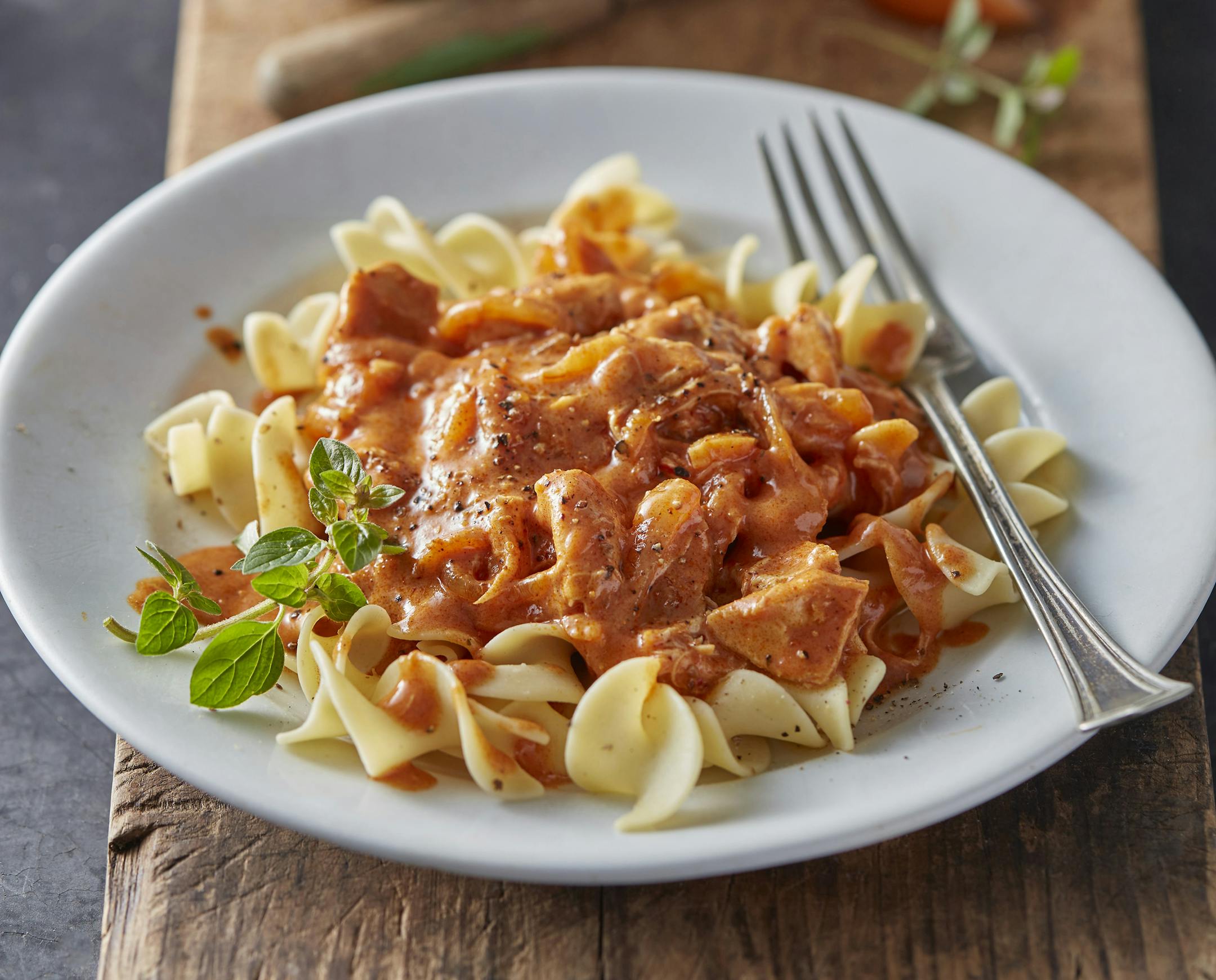 Photos by Dennis Becker Food styling by Lisa Golden Schroeder Chicken paprika over noodles