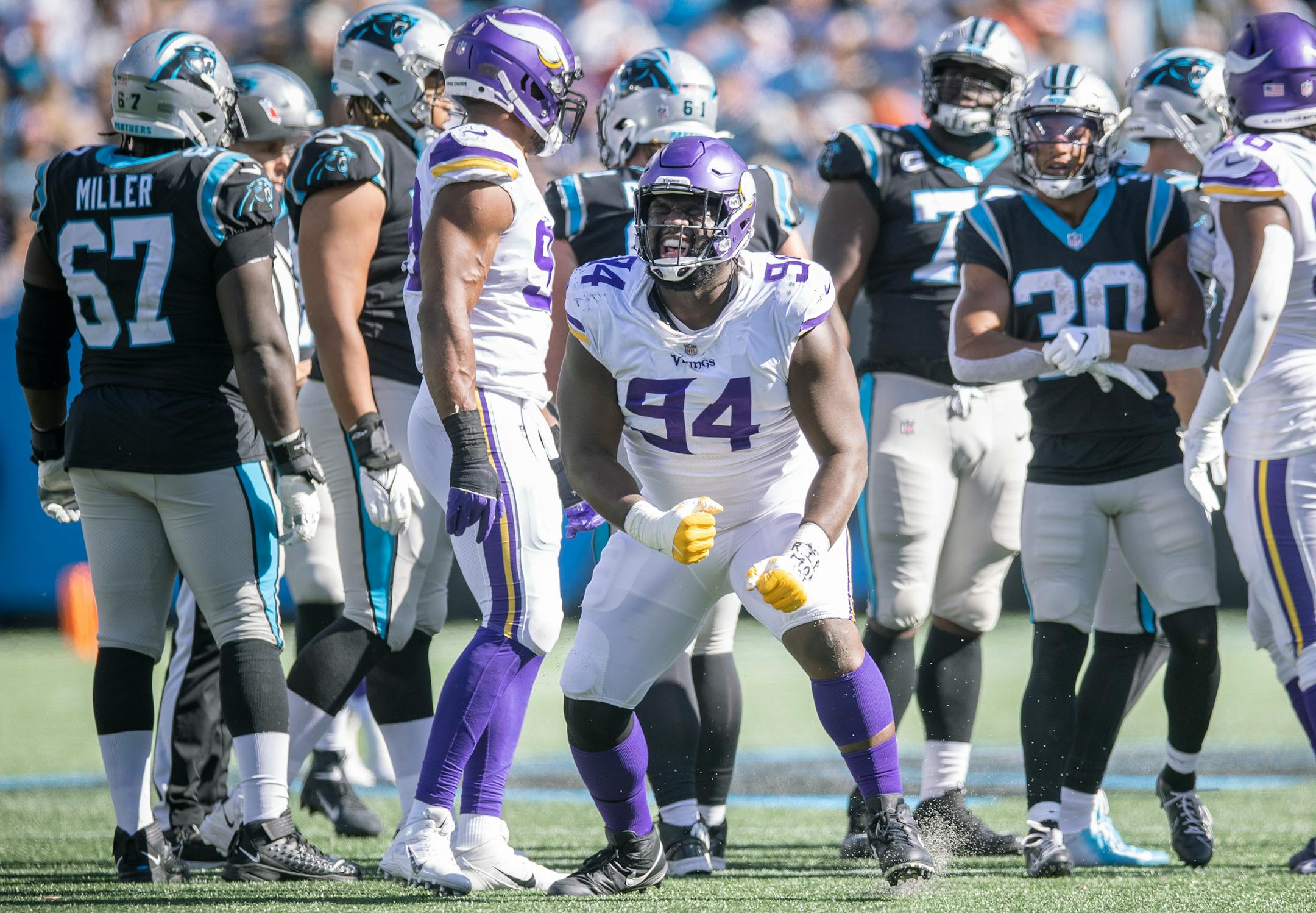 Vikings defensive tackle Dalvin Tomlinson (94) celebrated a sack in the third quarter, Sunday, October 17, 2021 in Charlotte.