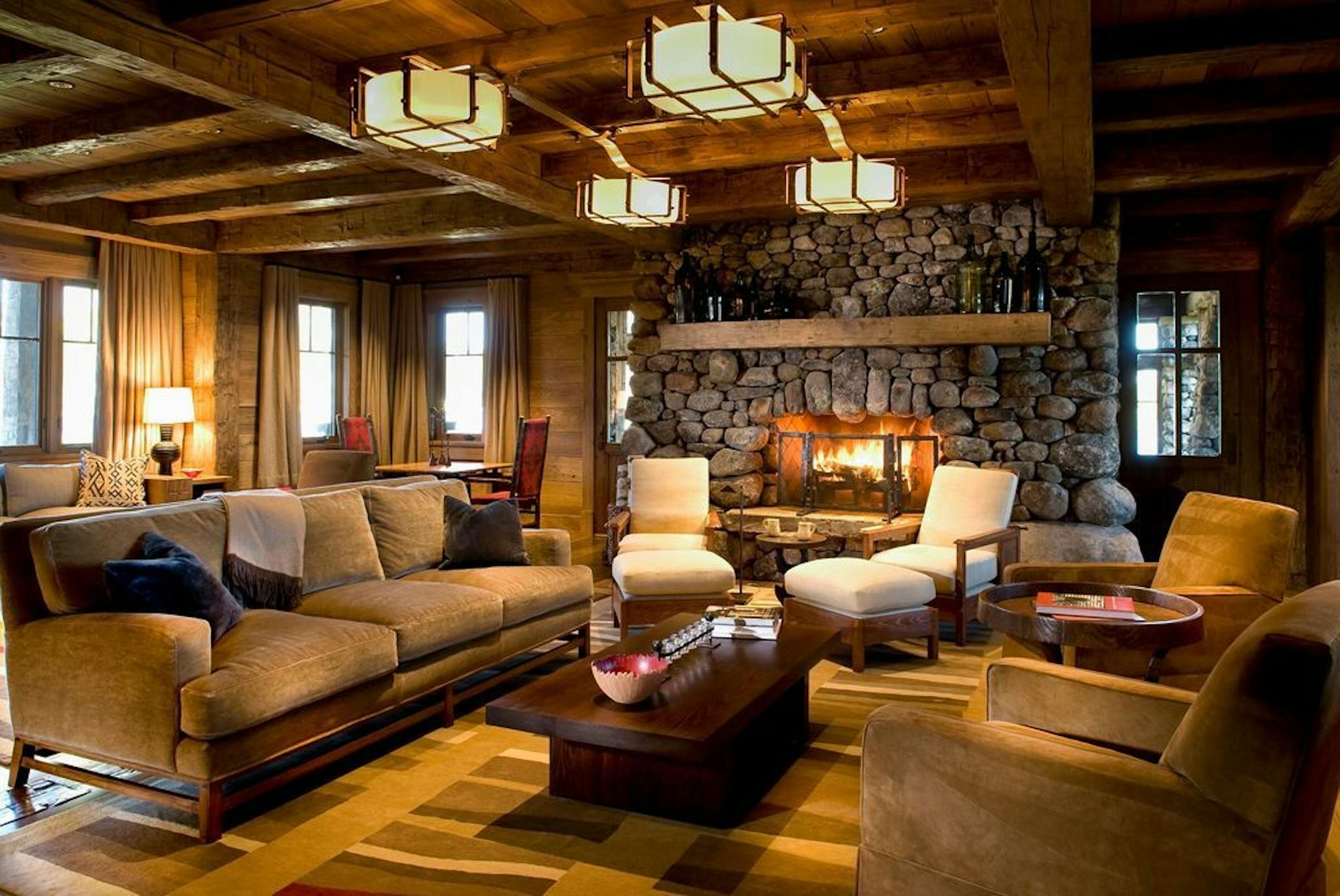 The family room also has a stone fireplace.
