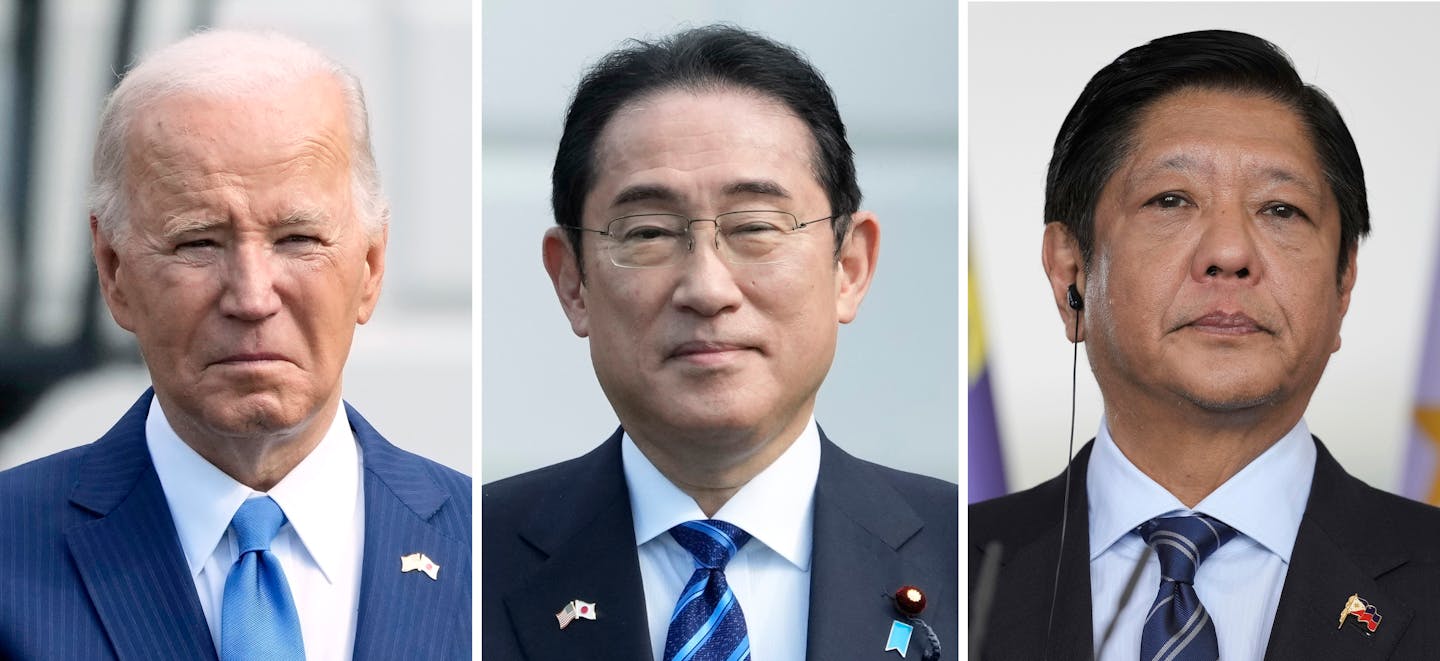 Panel of portraits of President Joe Biden, Japanese Prime Minister Fumio Kishida and Philippine President Ferdinand Marcos Jr. wearing suits.