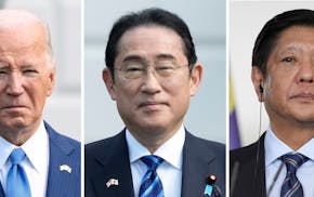 Panel of portraits of President Joe Biden, Japanese Prime Minister Fumio Kishida and Philippine President Ferdinand Marcos Jr. wearing suits.