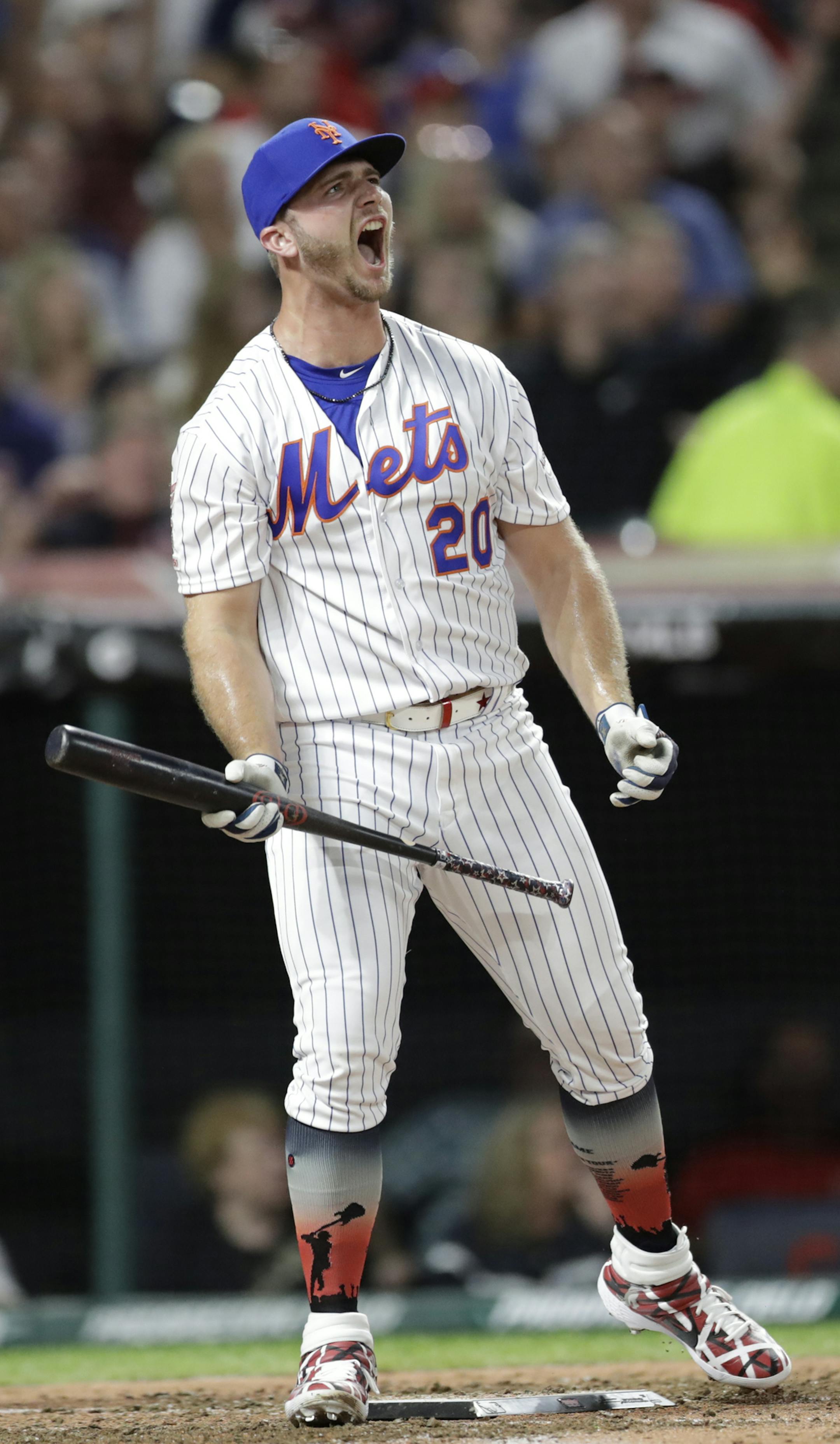 Pete Alonso, of the New York Mets, reacts during the Major League Baseball Home Run Derby, Monday, July 8, 2019, in Cleveland. The MLB baseball All-Star Game will be played Tuesday. (AP Photo/Tony Dejak)
