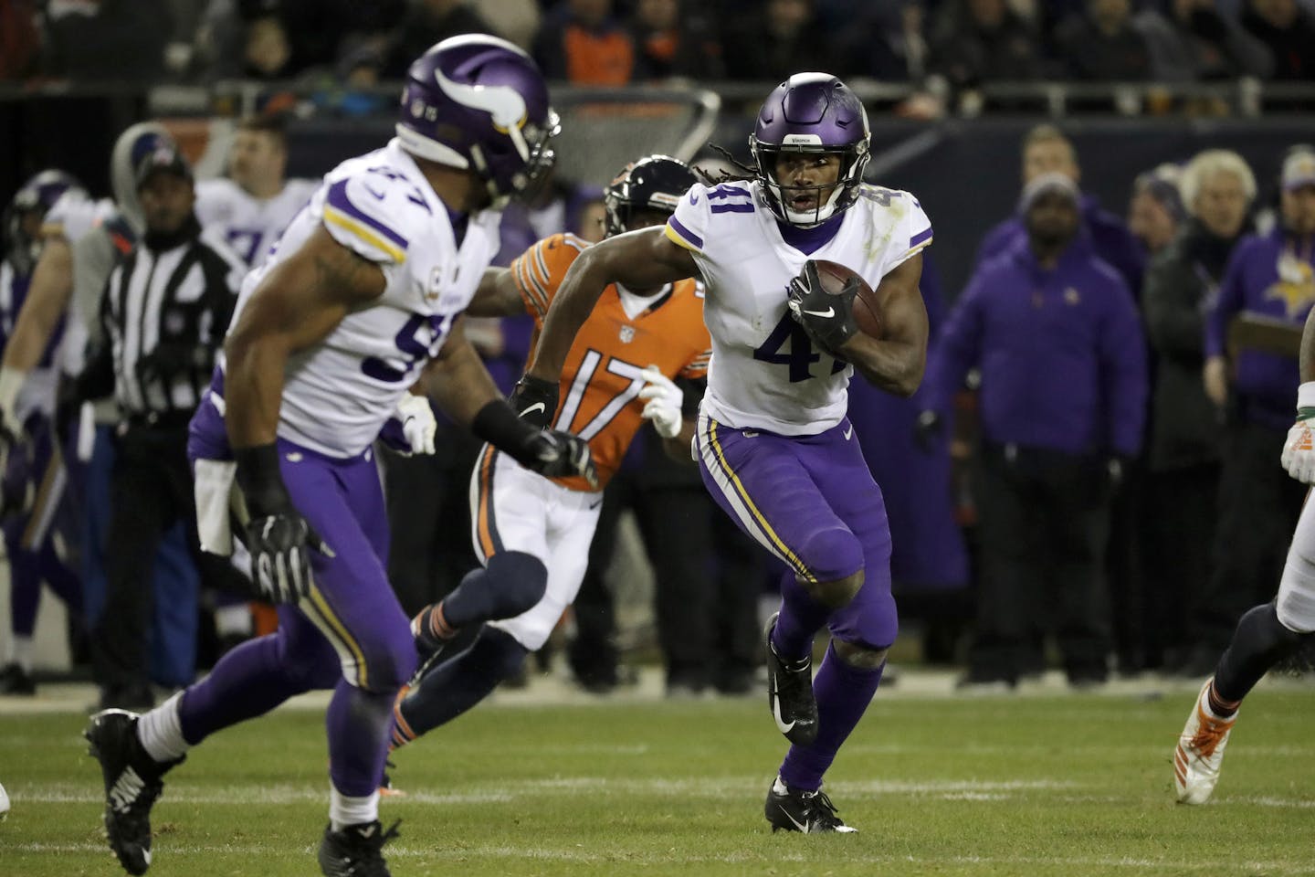 Minnesota Vikings defensive back Anthony Harris (41) runs after intercepting a pass during the second half of an NFL football game against the Chicago Bears Sunday, Nov. 18, 2018, in Chicago. (AP Photo/Nam Y. Huh)