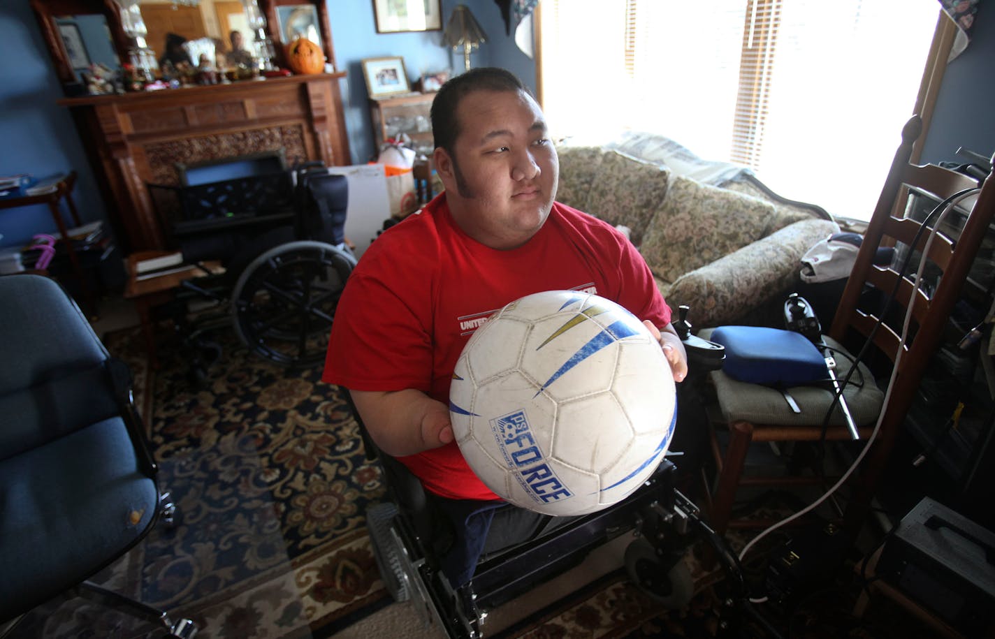 Pete Winslow, 17, talked about his experiences playing power soccer at his home in Woodbury Thursday, October 20, 2011. Winslow has been named to the U.S. National Power Soccer team that will be competing at the World Cup Championship in Paris. ] (KYNDELL HARKNESS/STAR TRIBUNE) kyndell.harkness@startribune.com