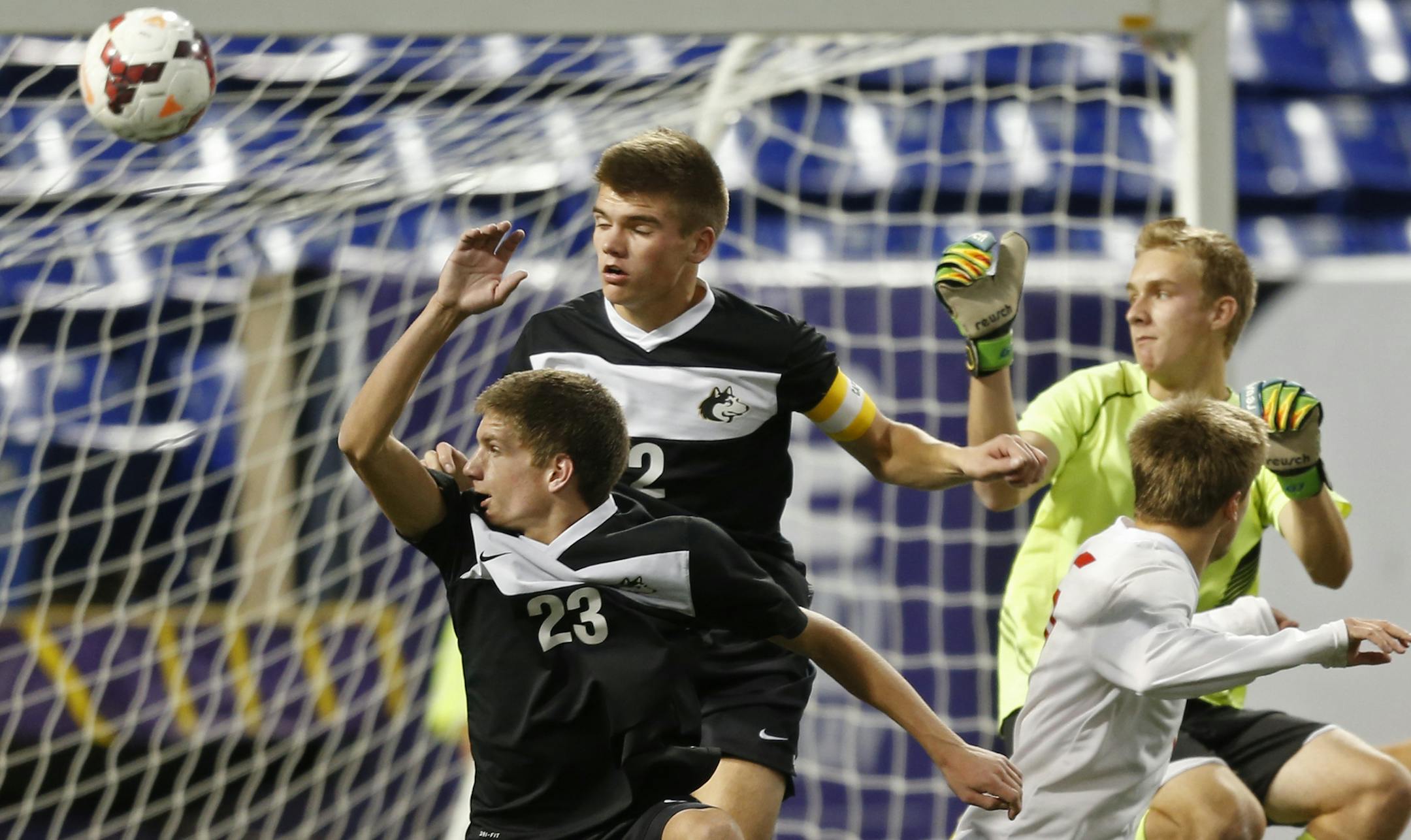 At the Metrodome in a match between AA boys game between North St. Paul and Andover, Andover's Alec Terwilliger(23) and Ben Nivala(2) cannot stop North's second goal.]richard tsong-taatarii/rtsong-taataarii@startribune.com