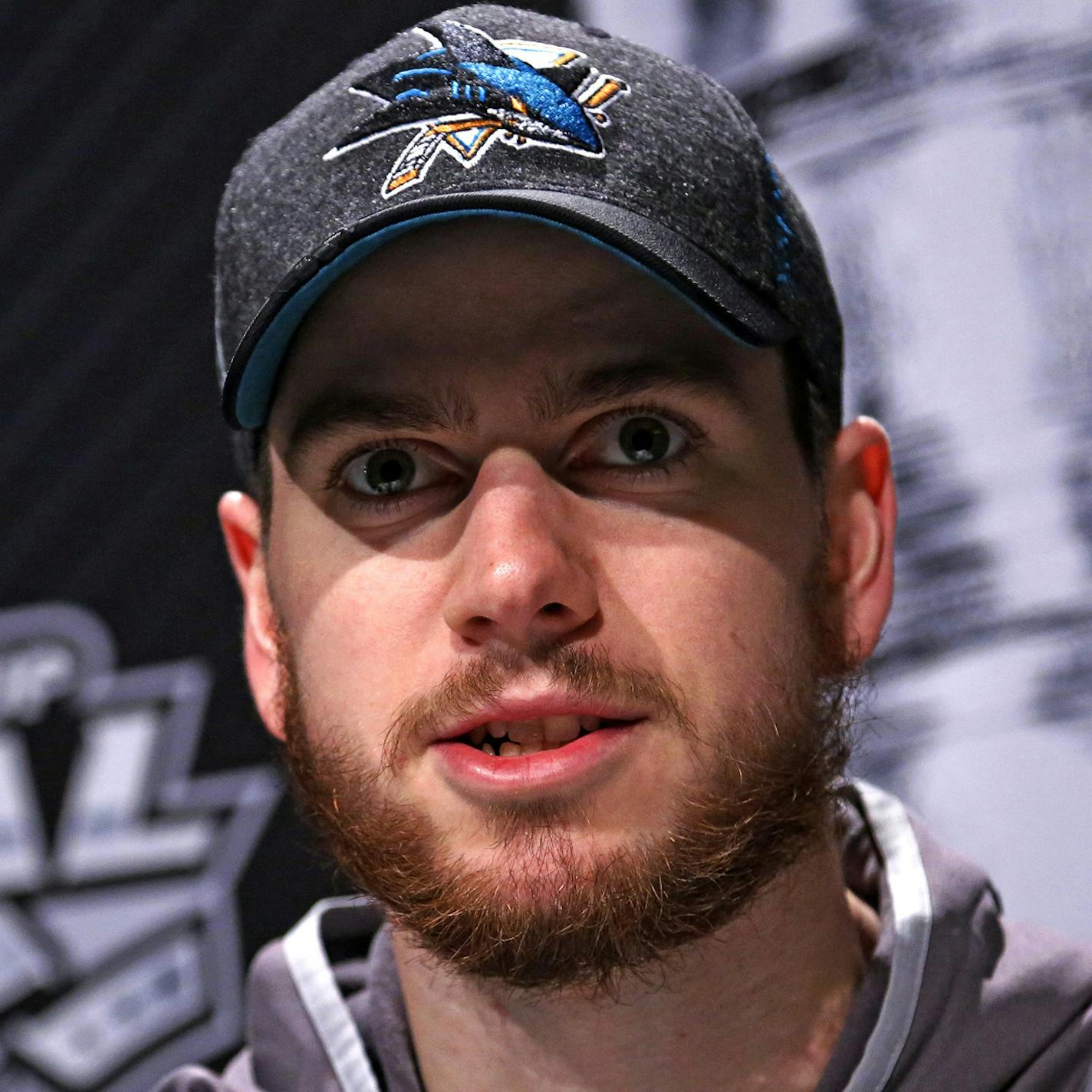 San Jose Sharks goalie Martin Jones talks with reporters during Stanley Cup Finals media day in Pittsburgh, Sunday, May 29, 2016. The Sharks face-off in Game 1 of the Stanley Cup Finals against the Pittsburgh Penguins on Monday, May 30, in Pittsburgh. (AP Photo/Gene J. Puskar) ORG XMIT: PAGP113