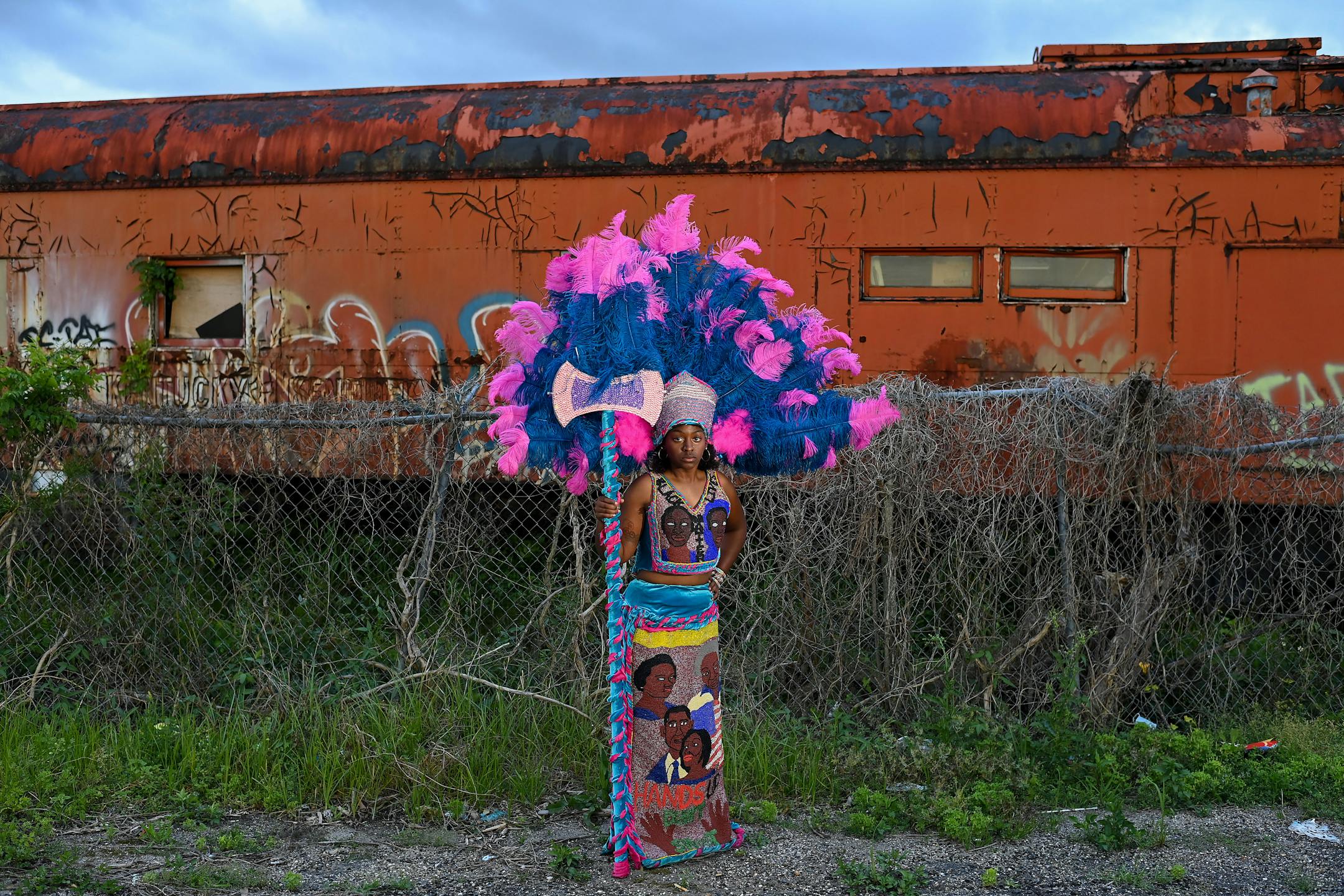 Tiara Horton, queen of the 9th Ward Black Hatchet tribe, poses in her Black Lives Matter suit on April 25 in New Orleans. MUST CREDIT: Washington Post photo by Joshua Lott