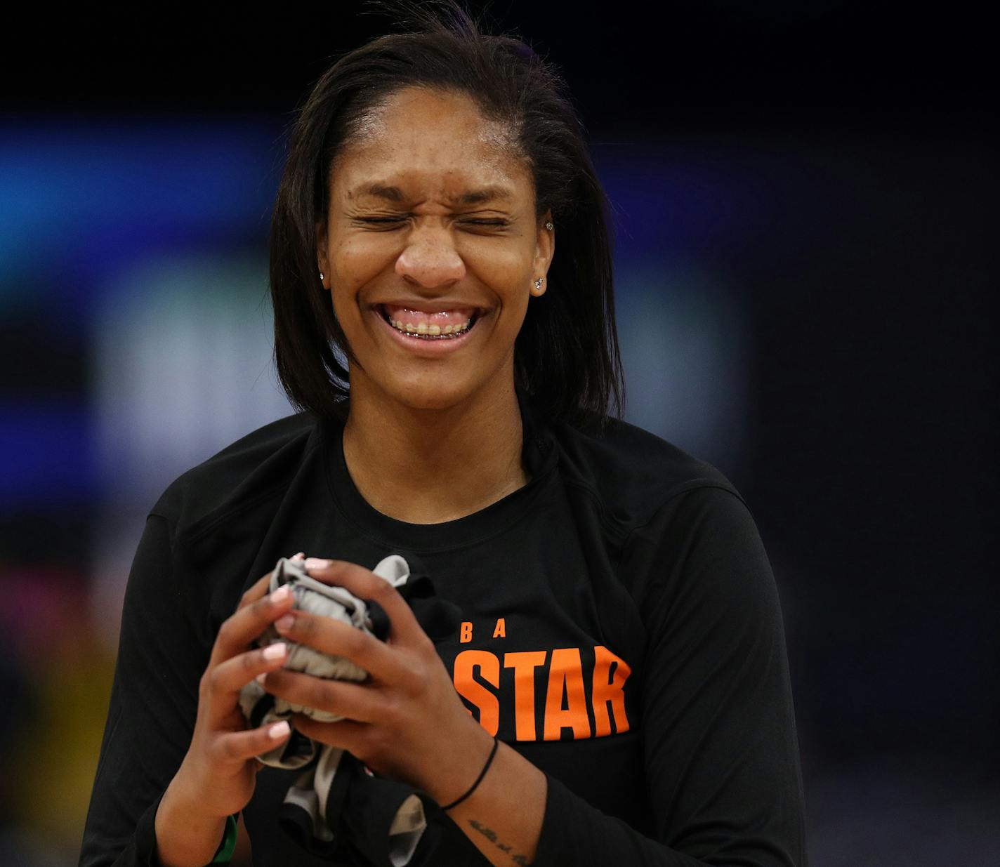 Las Vegas Aces forward A'ja Wilson closed her eyes as she balled up a tee shirt to throw to fans during Friday's practice. ] ANTHONY SOUFFLE &#xef; anthony.souffle@startribune.com WNBA All Star players practiced ahead of the WNBA All Star Game Friday, July 27, 2018 at the Target Center in Minneapolis.