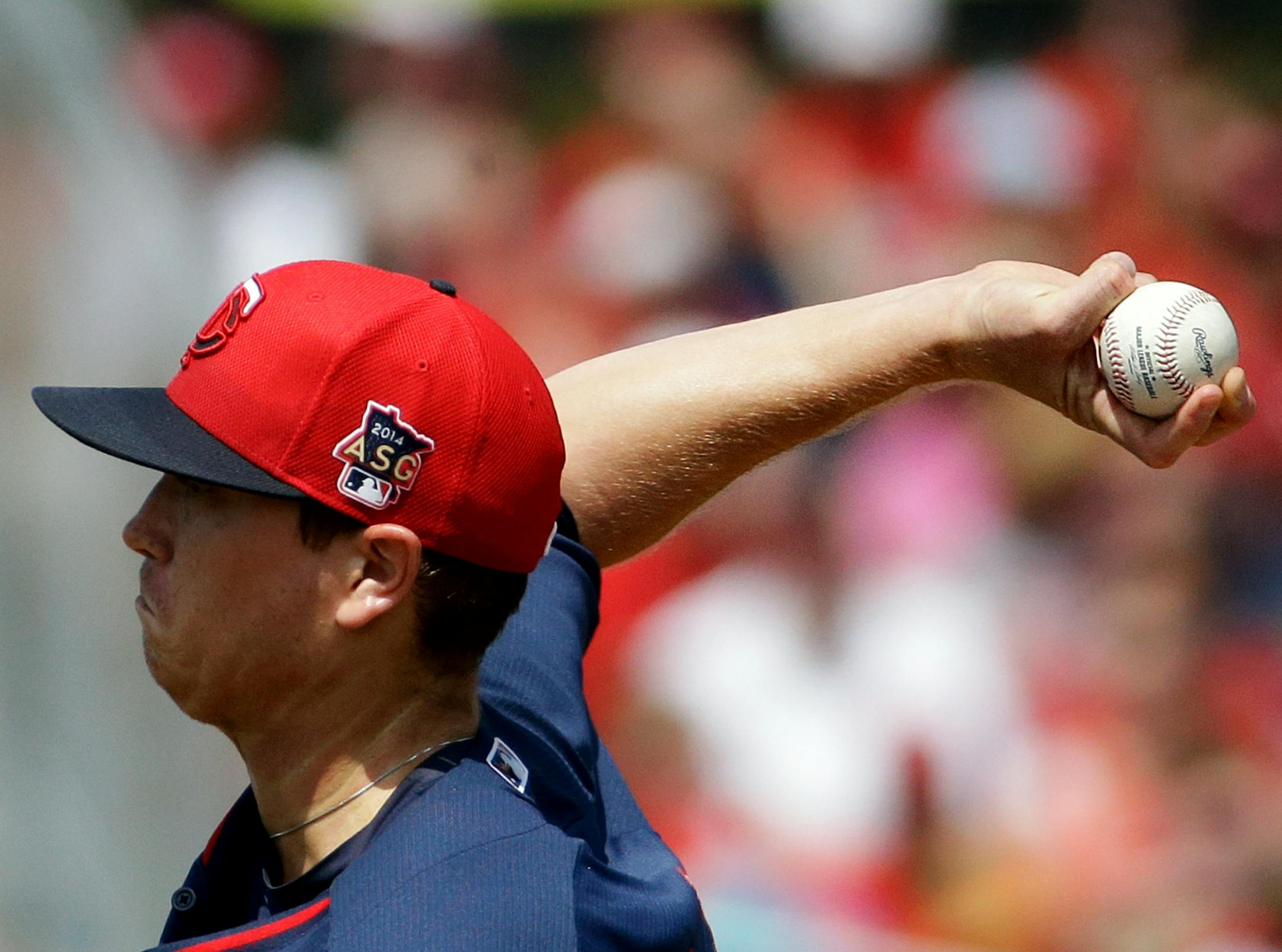 Minnesota Twins starting pitcher Kyle Gibson throws in the second inning of an exhibition spring training baseball game against the St. Louis Cardinals, Wednesday, March 19, 2014, in Jupiter, Fla. (AP Photo/David Goldman)