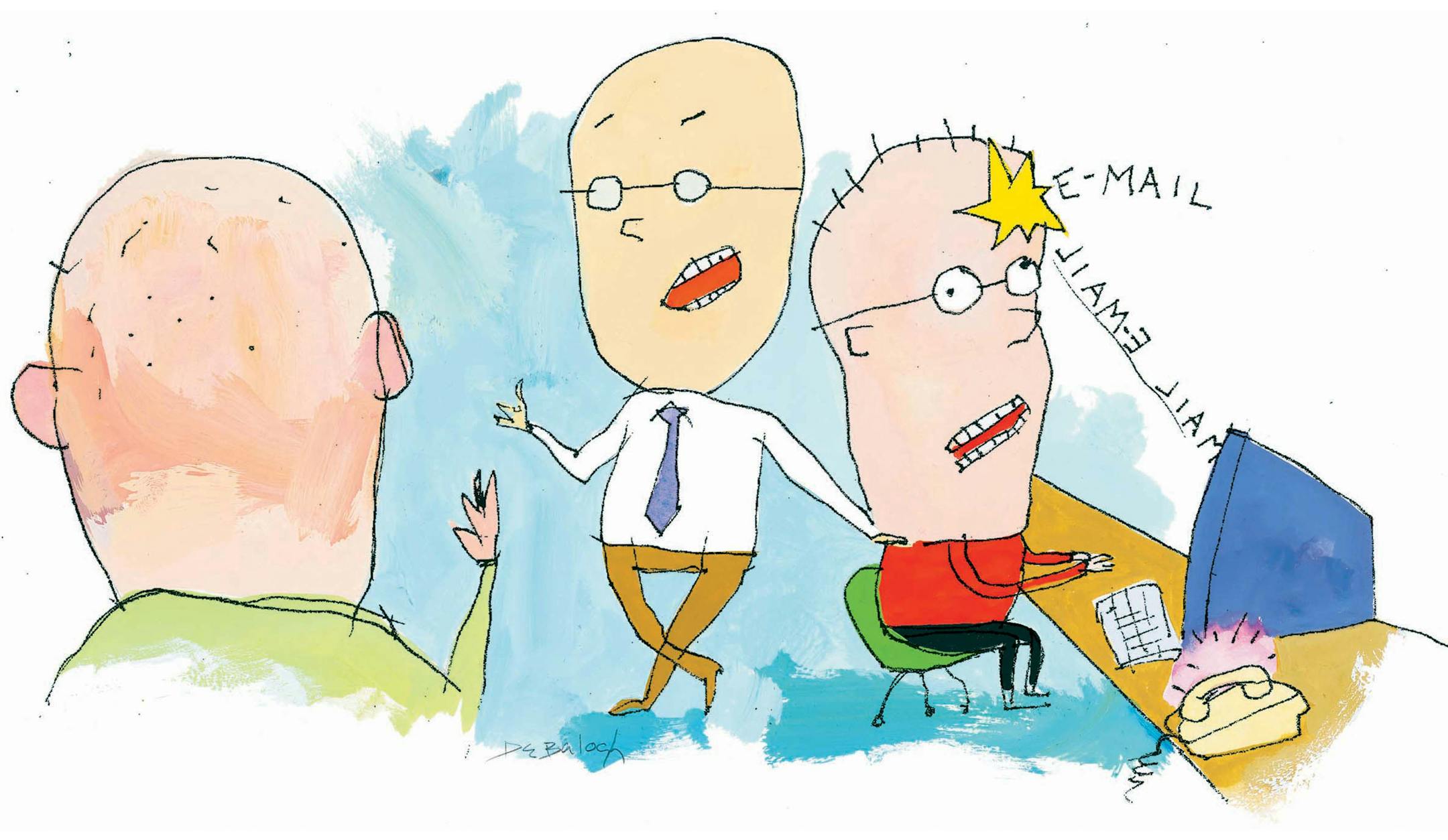 300 dpi 6 col x 6.75 in / 295x171 mm / 1004x583 pixels Dennis Balogh color illustration of worker facing many office distractions, such as chatting co-workers, a ringing phone and a flurry of e-mails. Akron Beacon Journal 2006 With WRK-DISTRACTIONS-BIZPLUS, Knight Ridder by Betty Lin-Fisher <p>
KEYWORDS: distractions distraction noise concentration office worker email e-mail phone etiquette efficiency time noise talking management illustration krtbusiness business krtnational national krtworld w