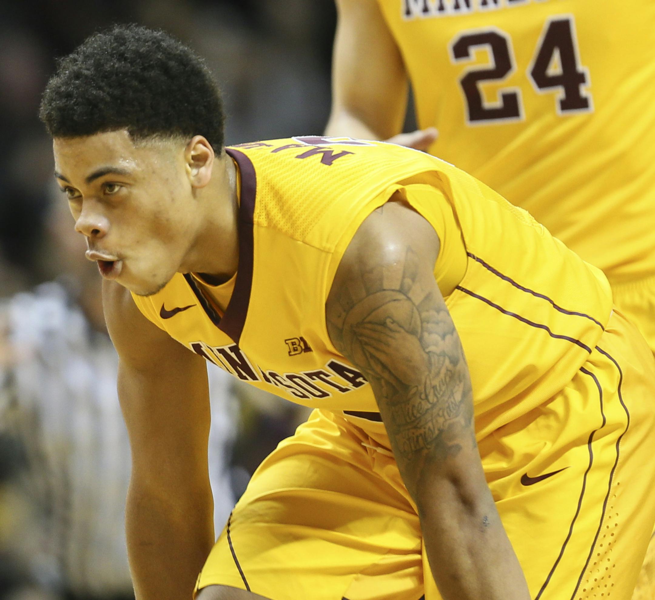 Gophers Nate Mason Celebrated a three-point shot during the first half. ] RENEE JONES SCHNEIDER &#x2022; reneejones@startribune.com The Minnesota Gophers hosted the Maryland Terrapins at Williams Arena at the University of Minnesota on Thursday, February 18, 2016, in Minneapolis, Minn. ORG XMIT: MIN1602182018460273