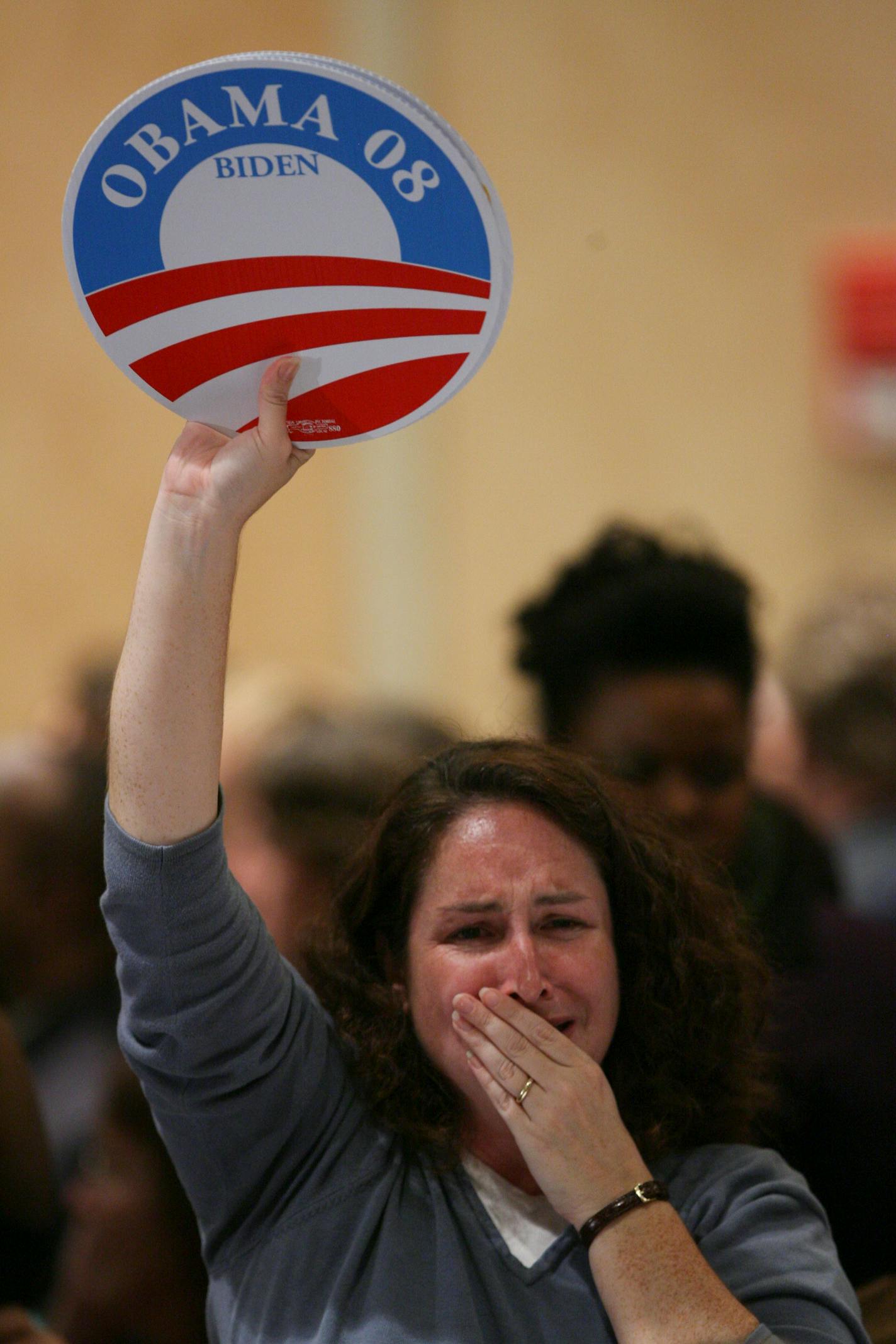 A woman tried to hold back tears as she listened to President-elect Barack Obama's acceptance speech Tuesday night. She was one of hundreds of DFLers who gathered at the Crowne Plaza Hotel in downtown St. Paul to await election results.