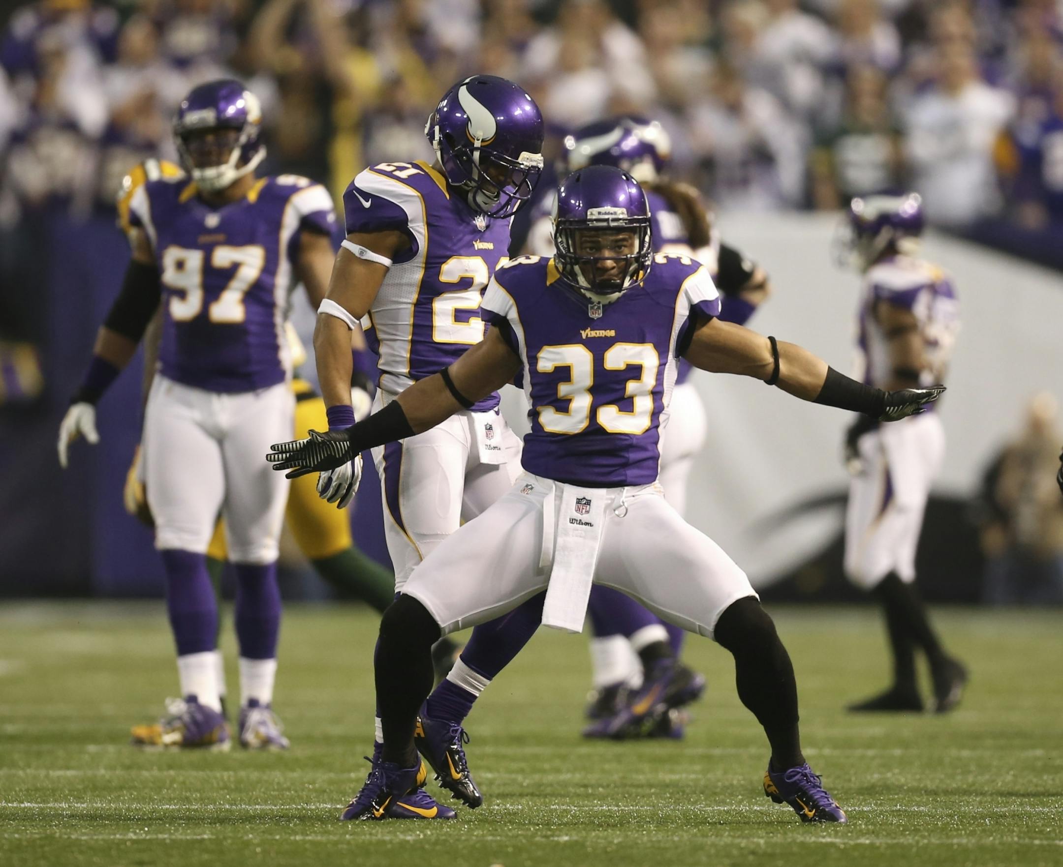 Vikings Jamarca Sanford celebrated on the field in the second quarter against Green Bay on Sunday, December 30, 2012 at Mall of America Field in Minneapolis, Minn.