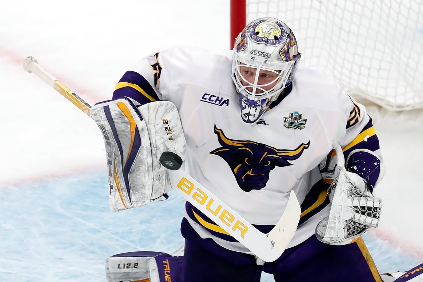 Minnesota State's Dryden McKay blocks a shot during the second period of an NCAA men's Frozen Four semifinal hockey game against Minnesota, Thursday, April 7, 2022, in Boston. (AP Photo/Michael Dwyer)