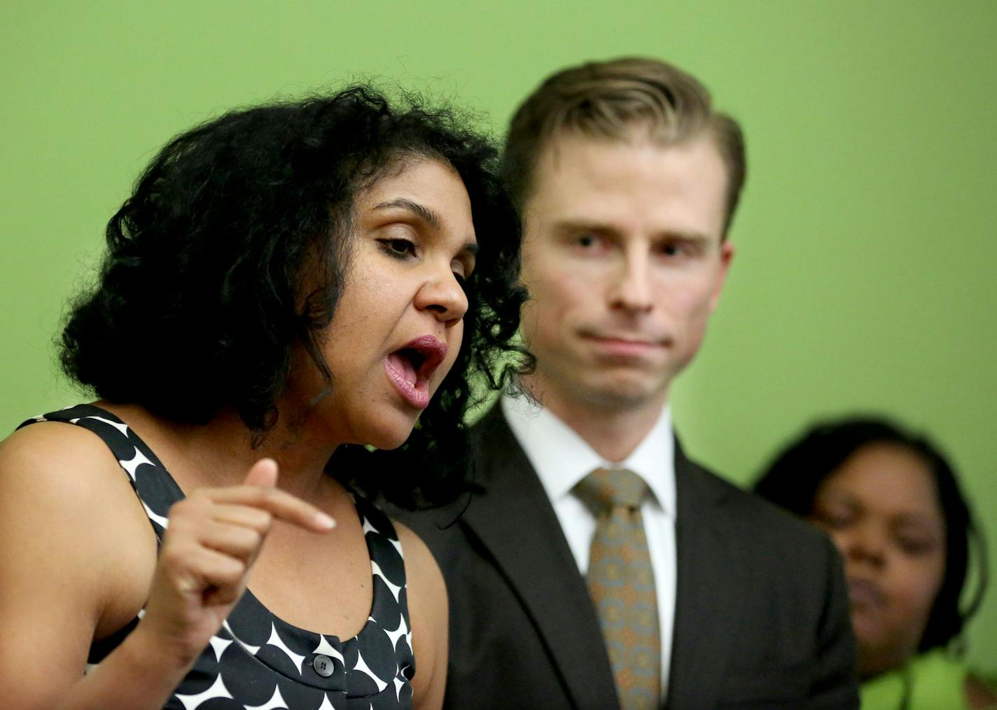 Tiffini Flynn Forslund speaks at a 2016 news conference announcing the teacher tenure lawsuit. DAVID JOLES/STARTRIBUNE