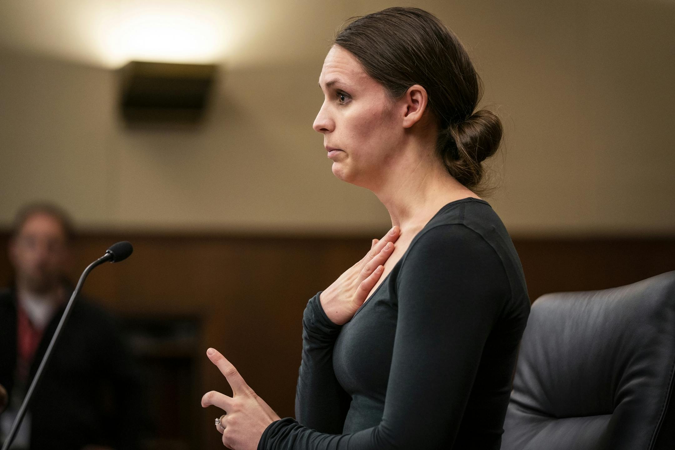 Former Argosy University dental hygiene student Erin Jones speaks about her deferred dream to open a dental clinic for underserved seniors during her testimony.